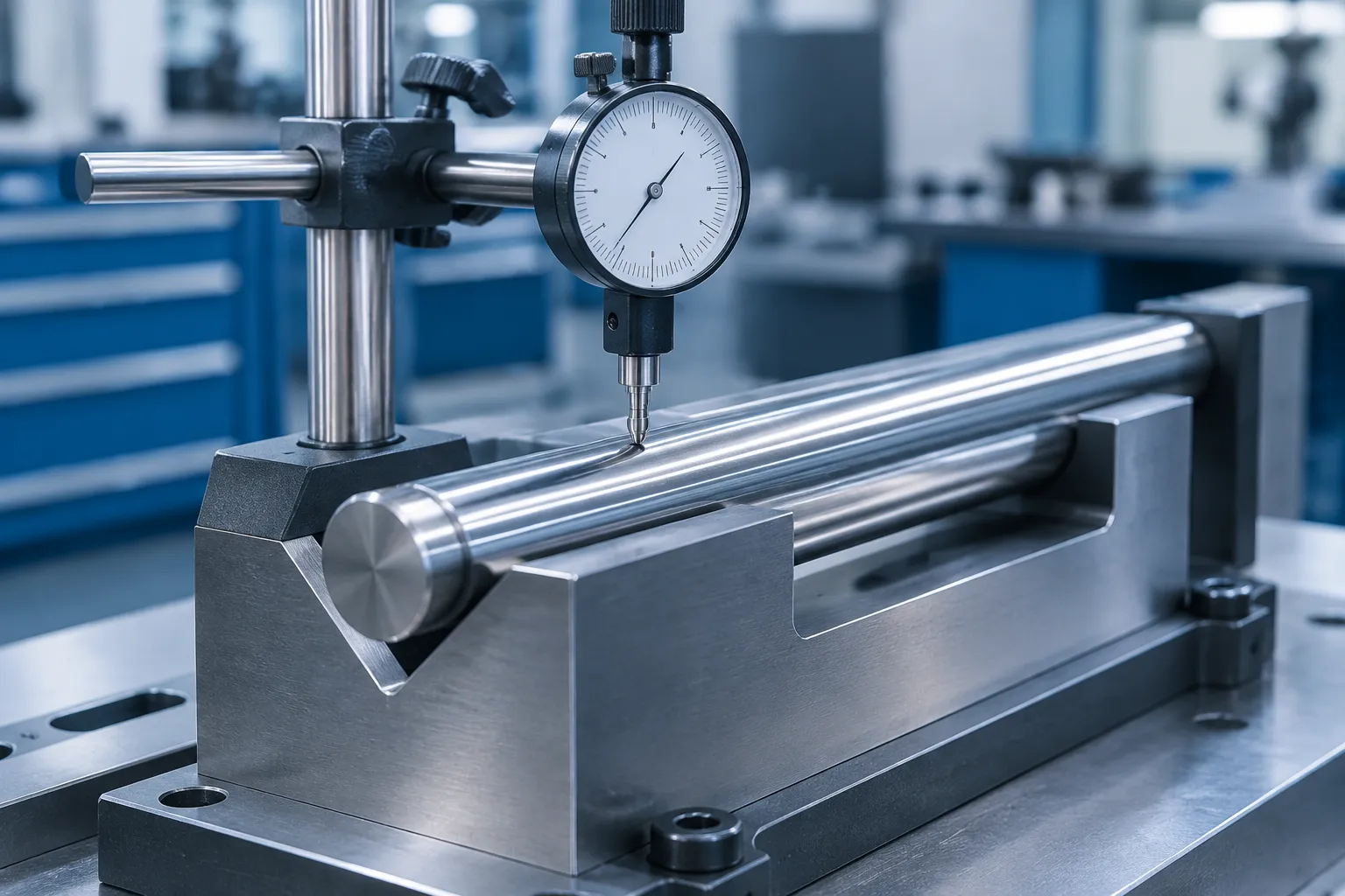 Dial indicator gauge checking a long bolt