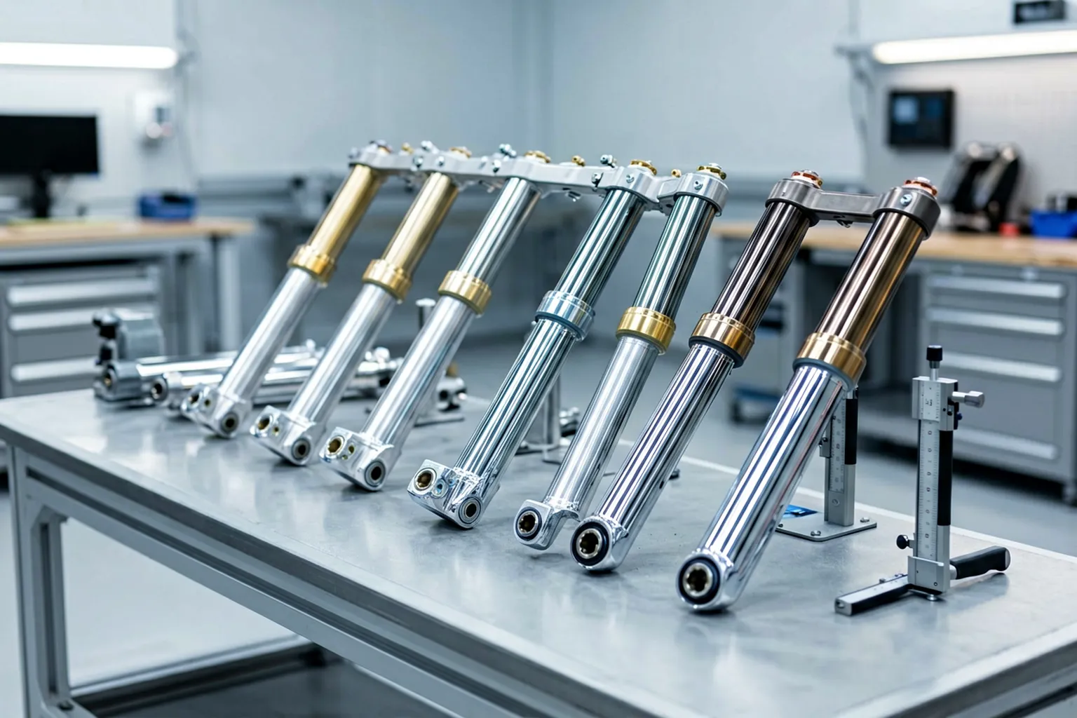 Chromed motorcycle front fork tubes arranged on a manufacturing inspection bench