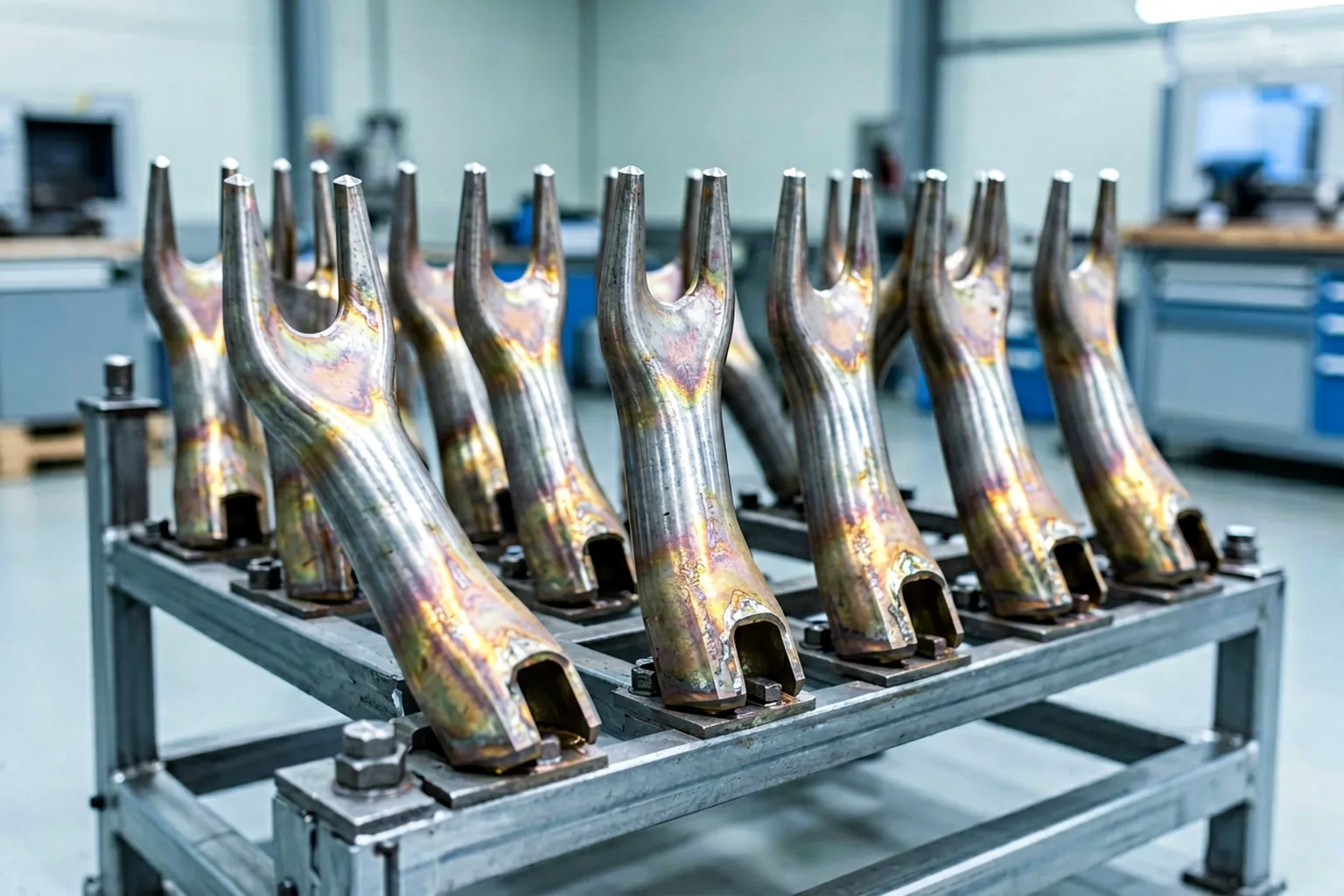 Fork tube blanks after heat treatment staged for straightening with temper colors