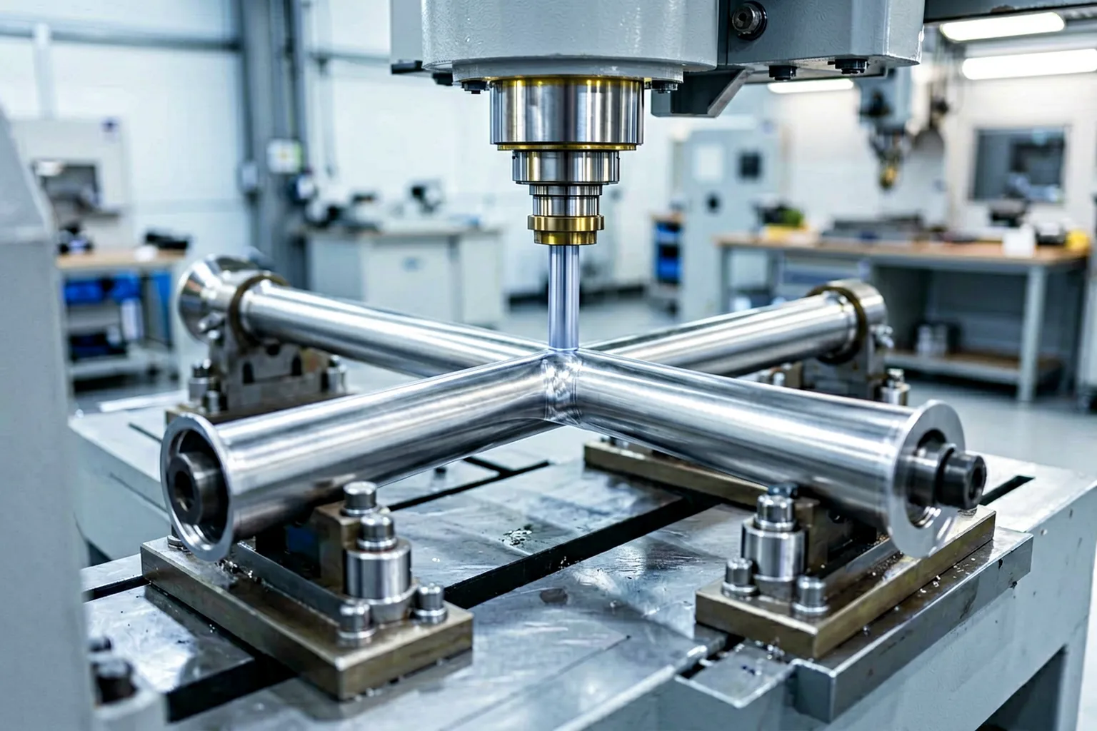 Precision press straightening a fork tube blank on adjustable supports before plating