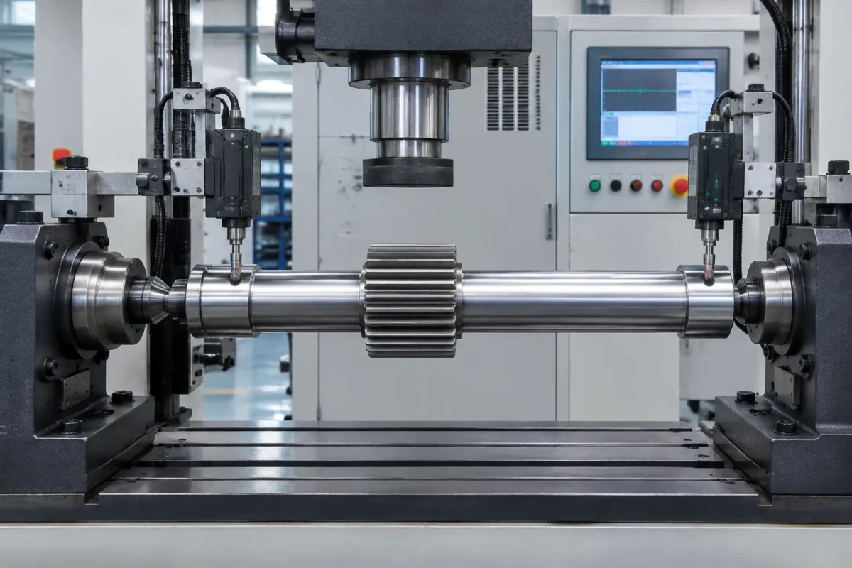Gear shaft supported between centers in an automatic straightening machine with probes on the journals