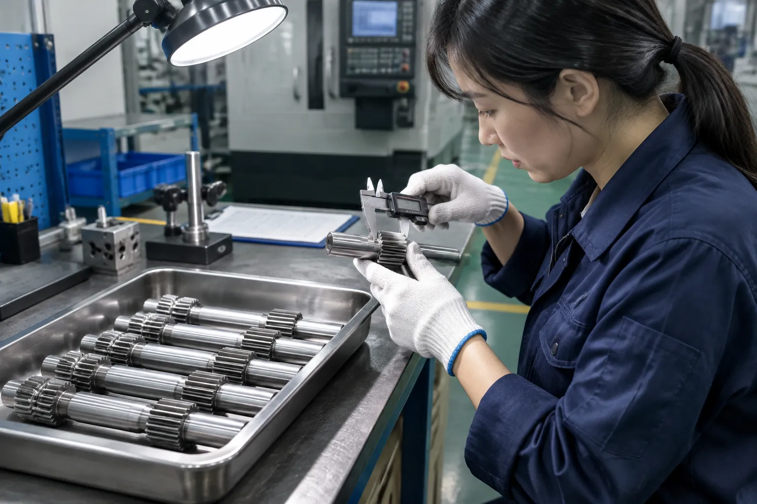 Straightened gear shafts in a steel tray at final inspection