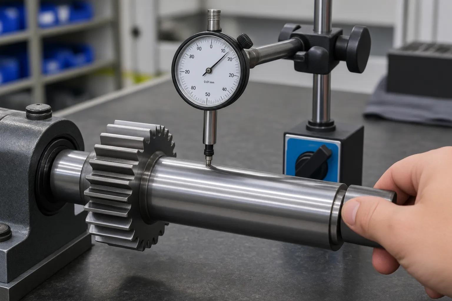 Dial indicator measuring a gear shaft journal next to the toothed segment