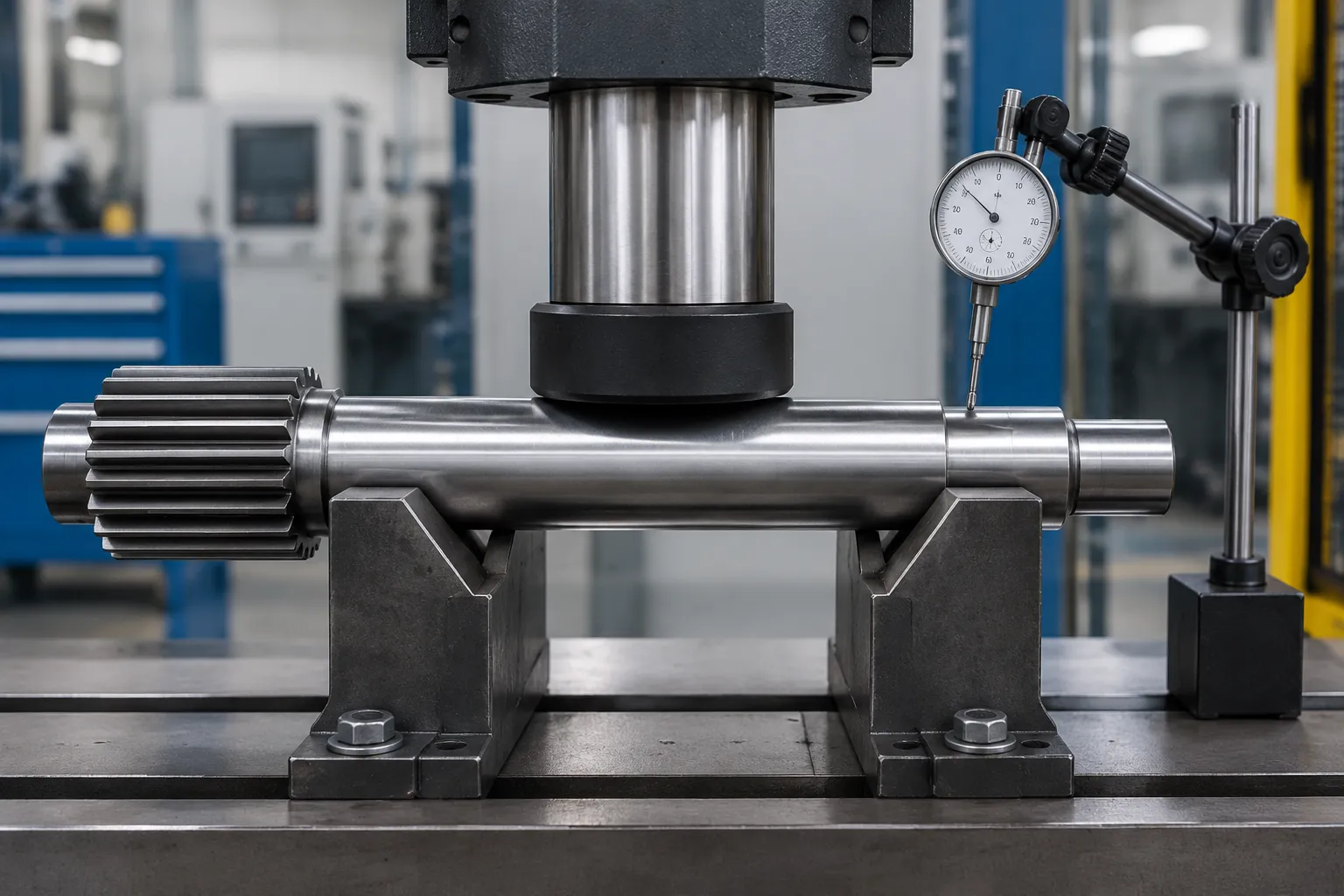 Hydraulic ram pressing a gear shaft at a plain section between V-support blocks