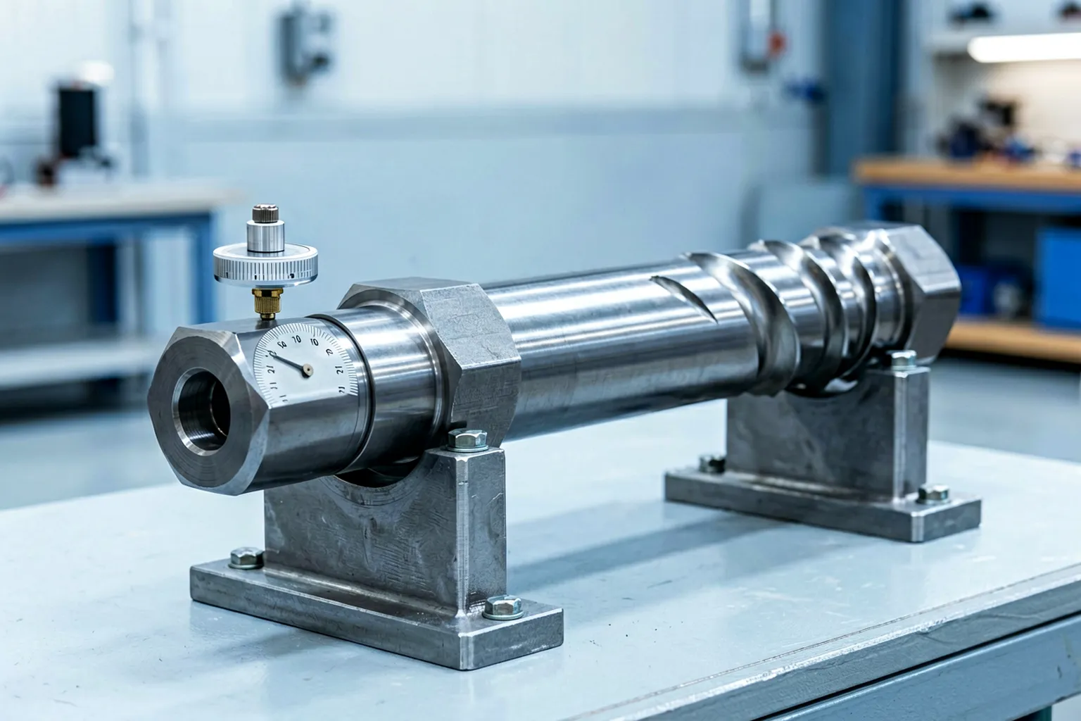 Hexagonal drill rod on purpose-designed supports with a dial indicator touching one flat face
