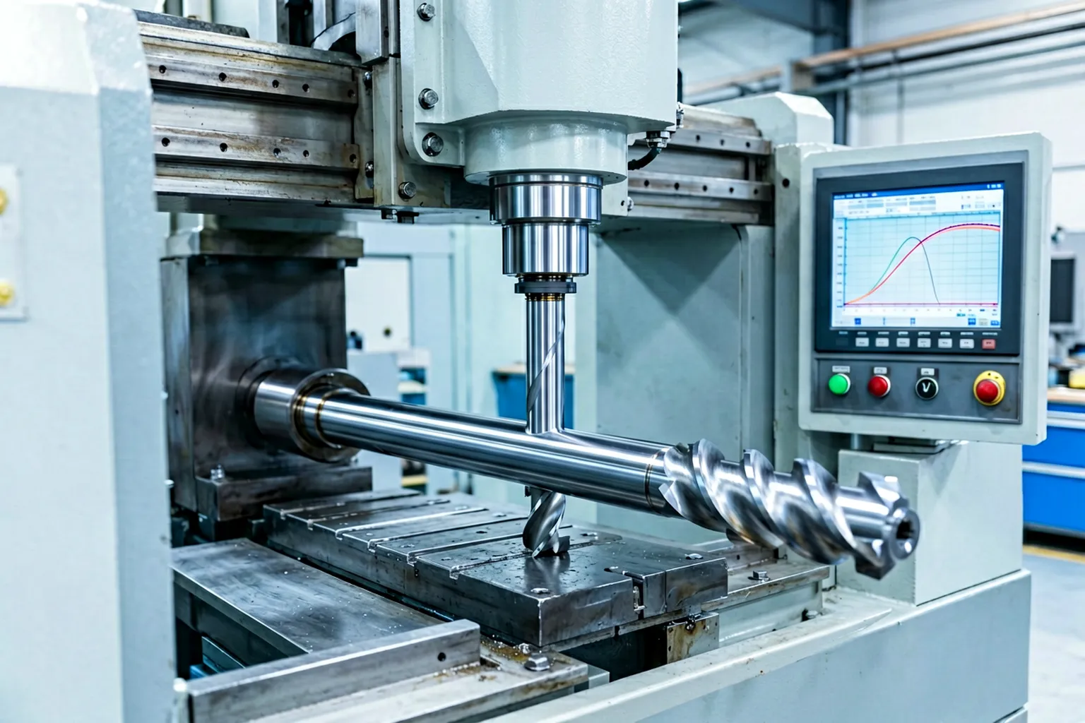 Moving pressure head positioned over a long drill rod on the straightening machine bed