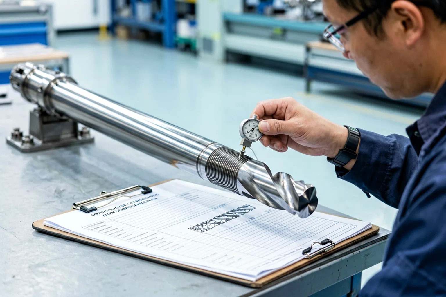 Technician checking thread condition of a drill rod end with a thread gauge