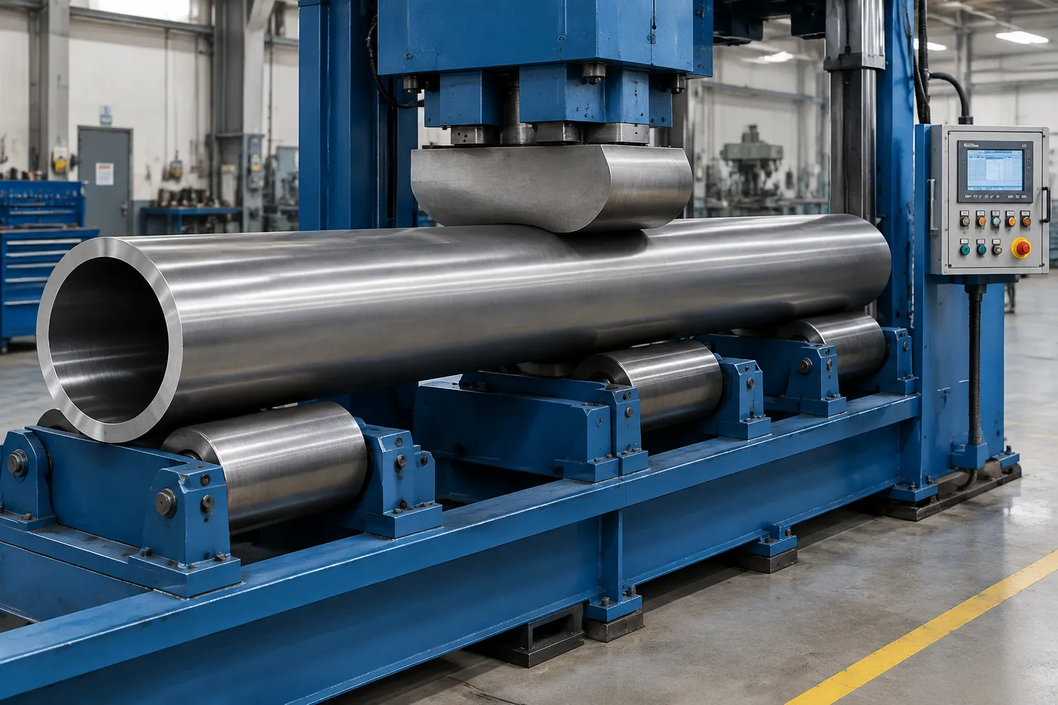 Large hollow shaft with thin wall on roller supports in a straightening machine
