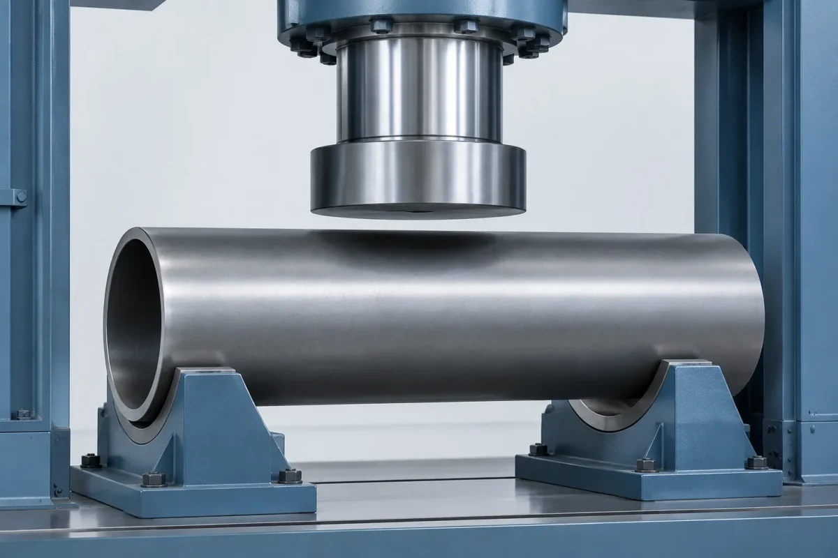 Hydraulic press straightening a large seamless steel pipe concept - engineering concept illustration