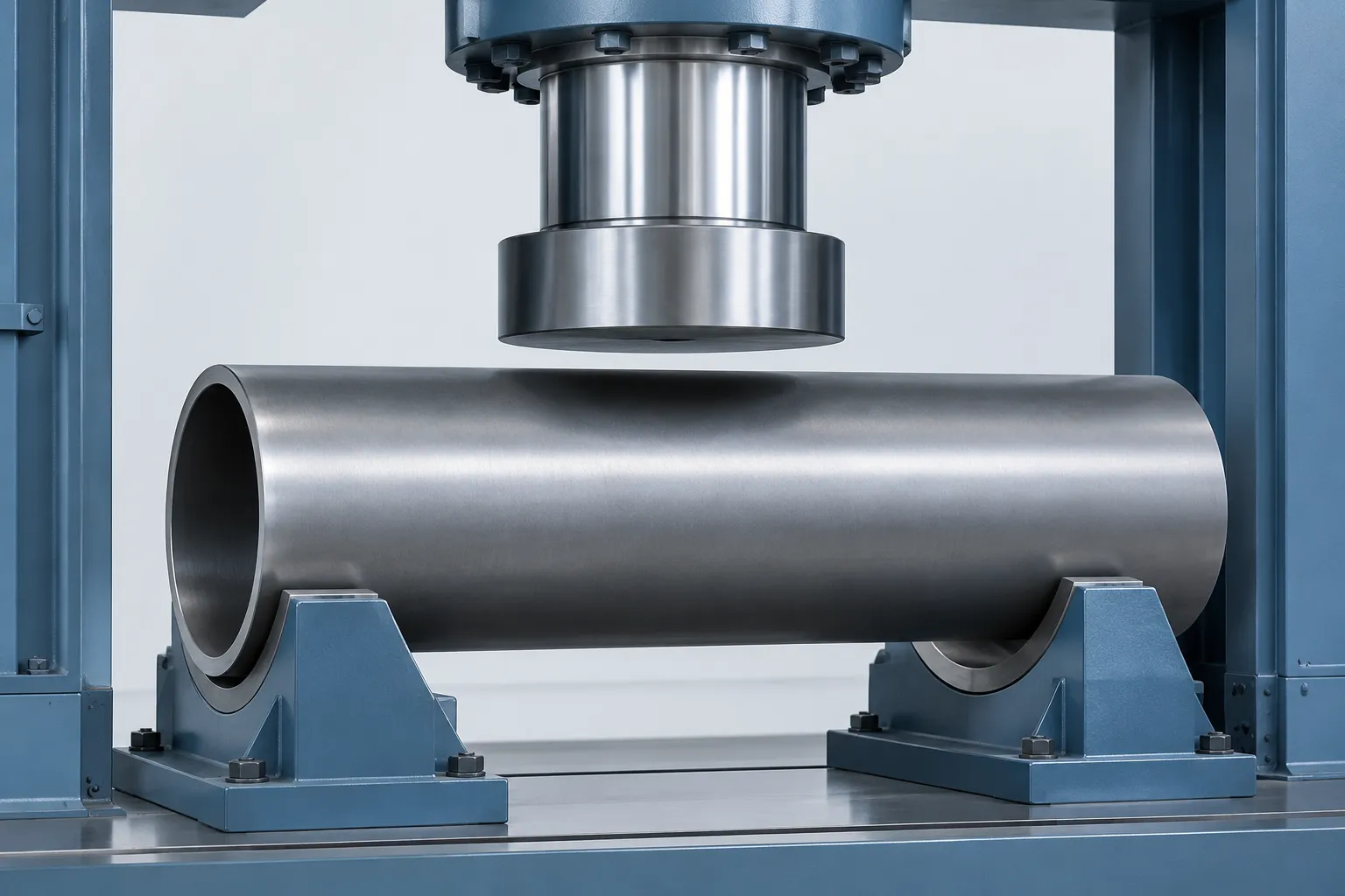Hydraulic press straightening a large seamless steel pipe concept - engineering concept illustration