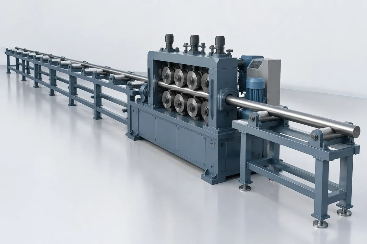 Long steel bar roller straightening line concept - engineering concept illustration
