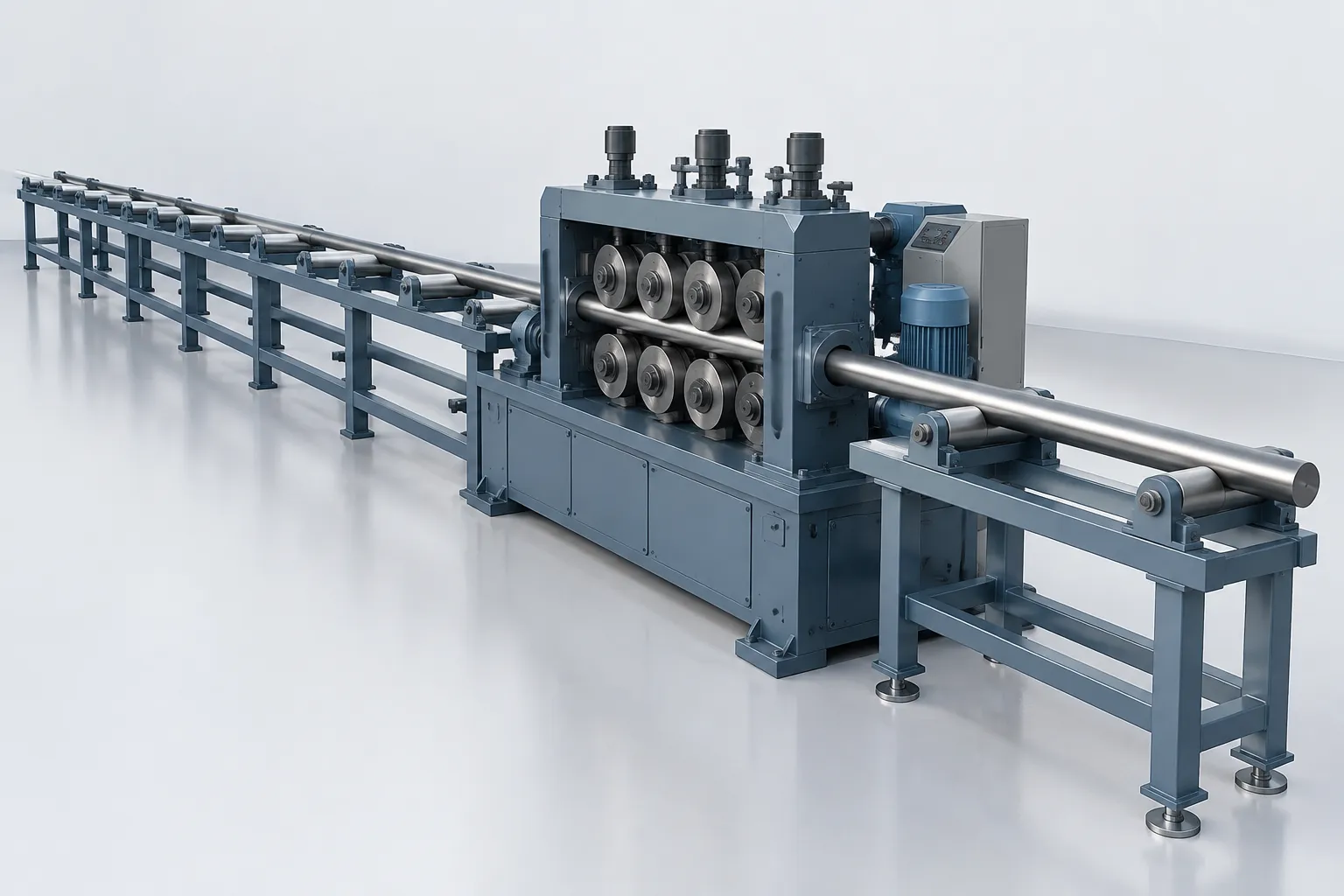 Long steel bar roller straightening line concept - engineering concept illustration