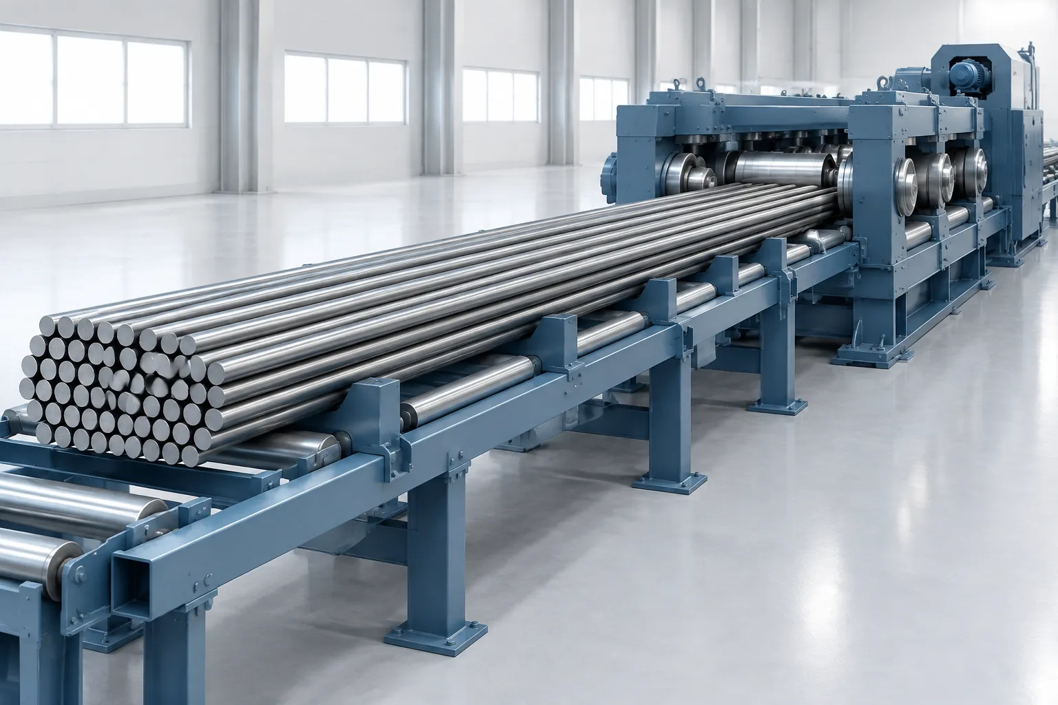 Bundle infeed to straightening line concept - engineering concept illustration