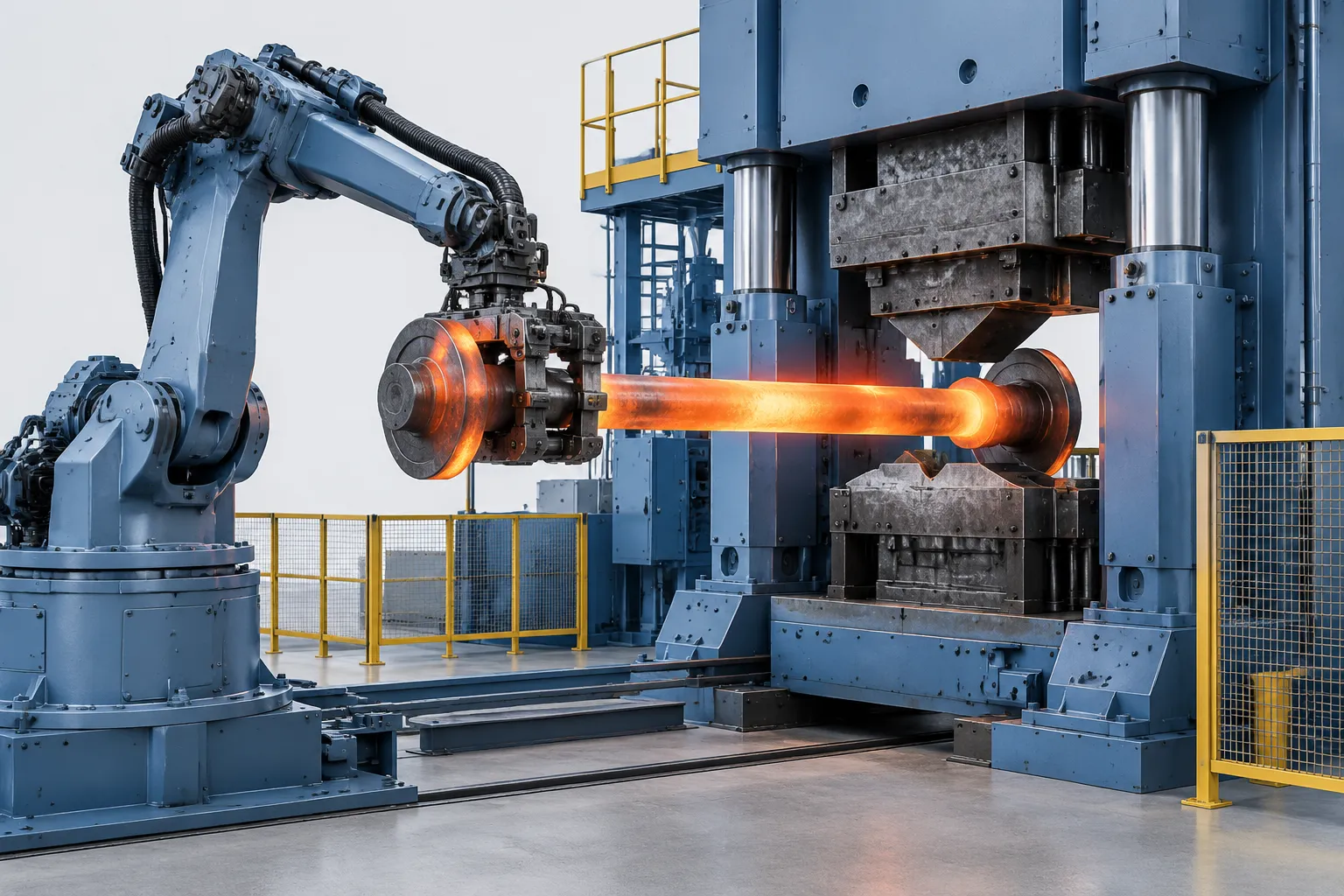 Hot railway axle straightening cell concept - engineering concept illustration