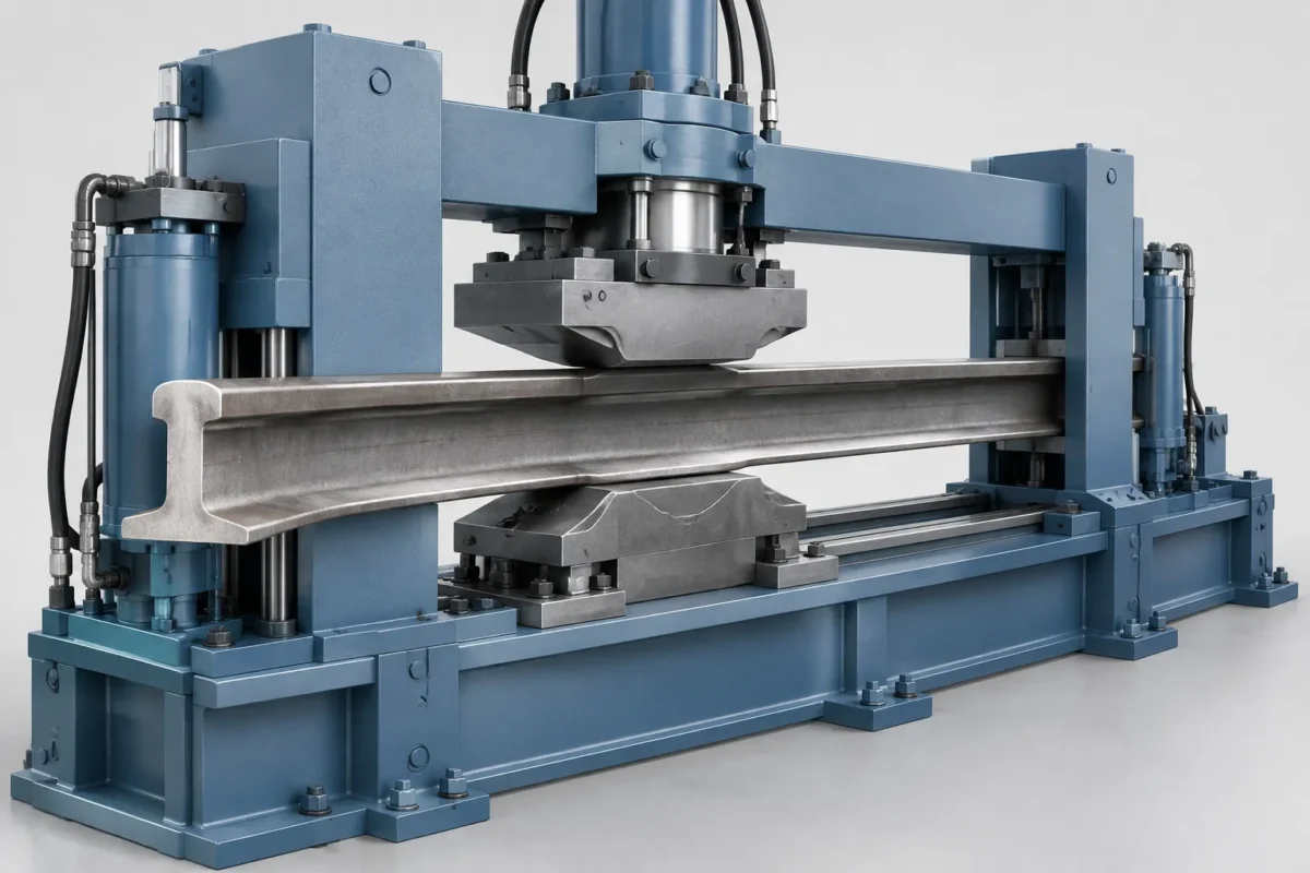 Railway rail in straightening press concept - engineering concept illustration