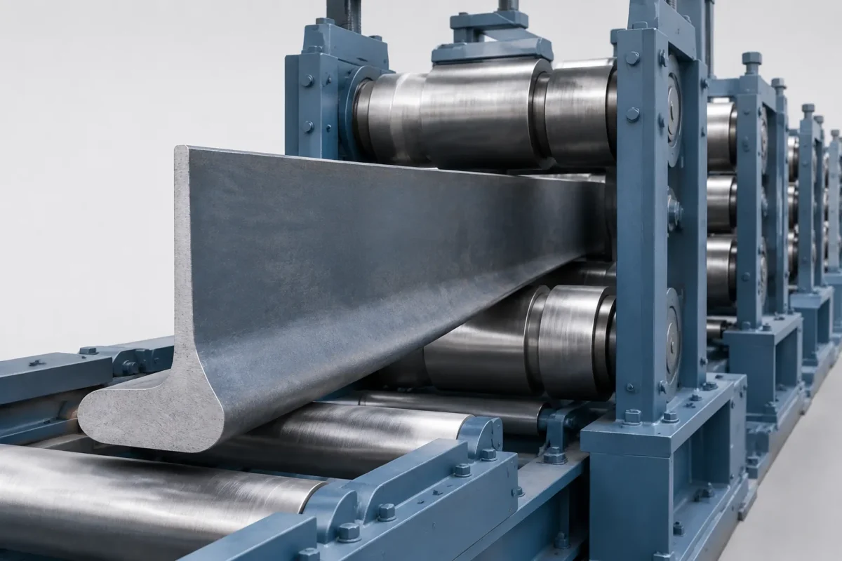 Bulb flat entering roll straightening line concept - engineering concept illustration