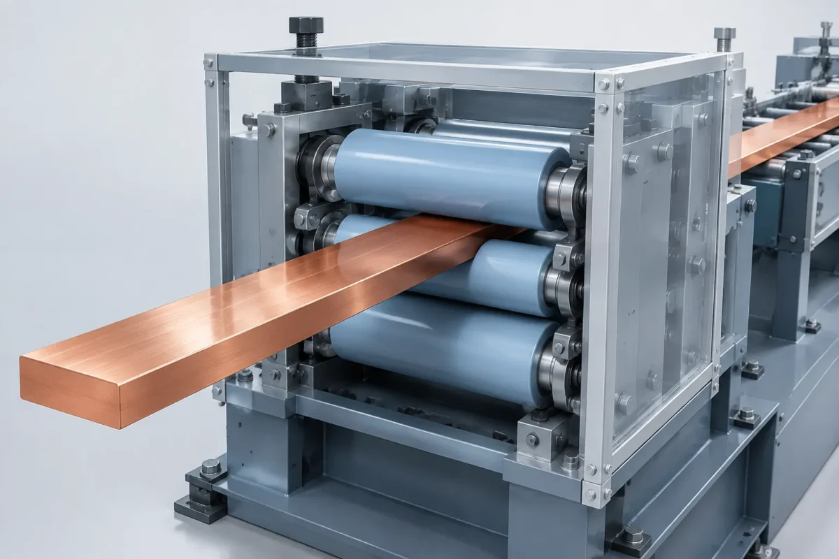 Copper busbar roll straightening concept - engineering concept illustration