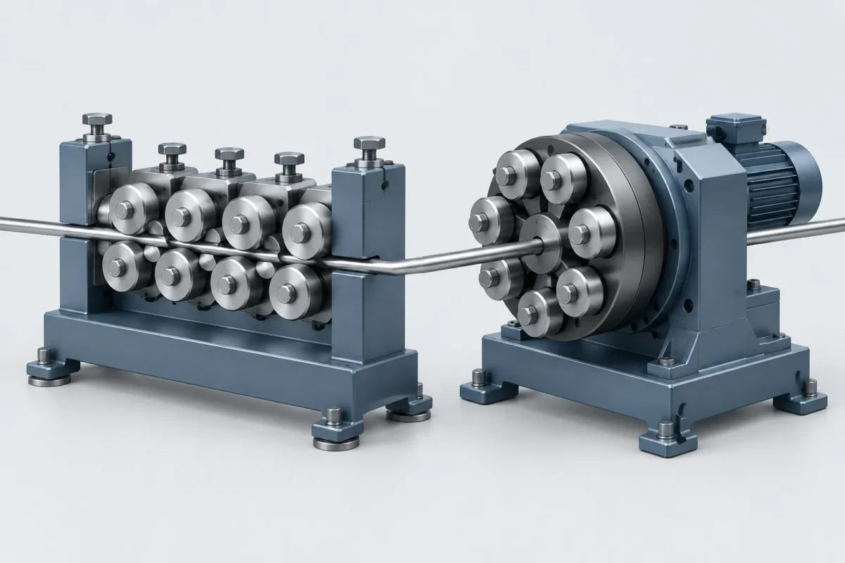 Roll and rotary straightening architectures comparison - engineering concept illustration