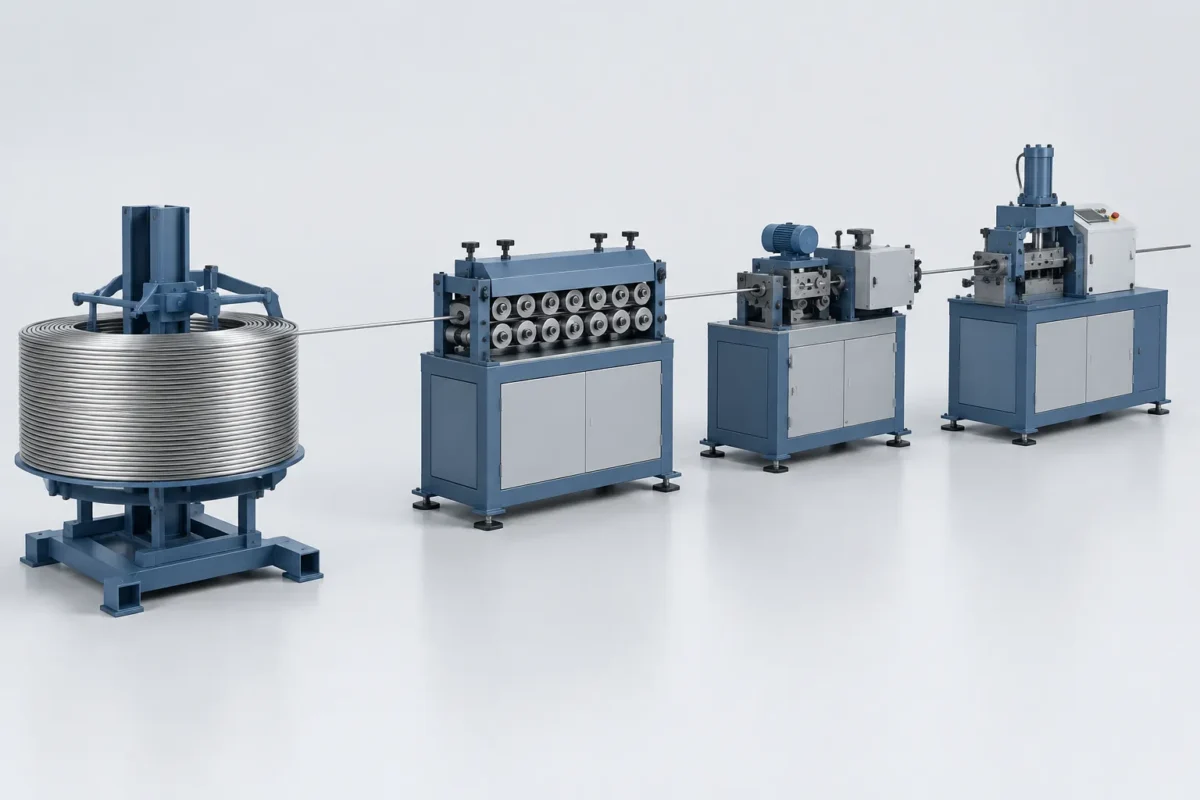 Wire payoff straightening feed cutting line concept - engineering concept illustration