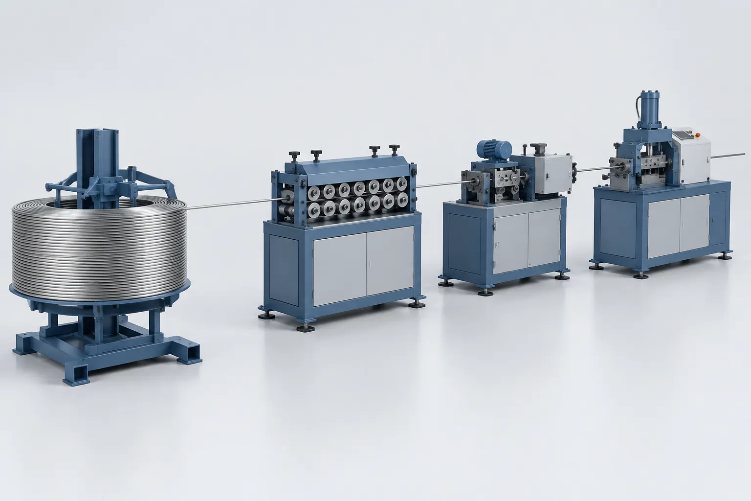 Wire payoff straightening feed cutting line concept - engineering concept illustration