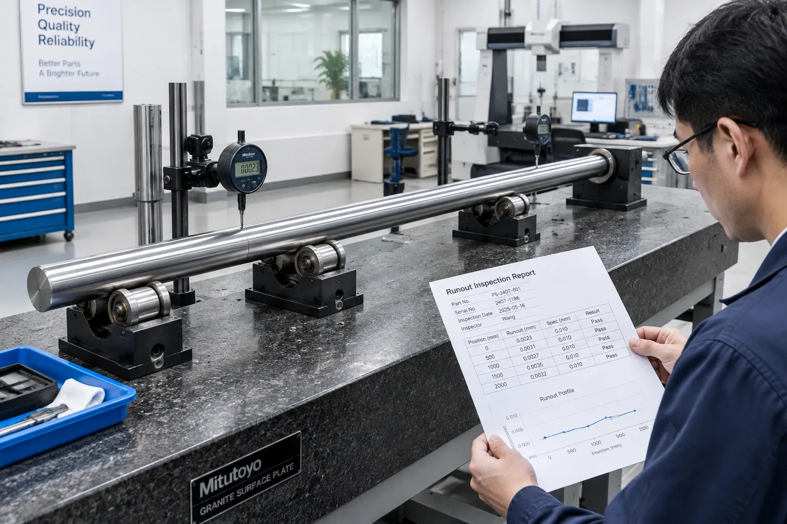Final released-geometry inspection of a straightened pump shaft