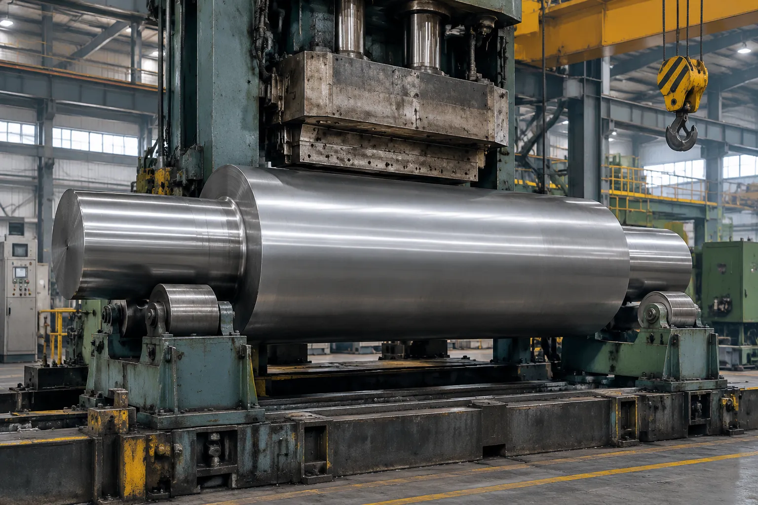 Industrial roller shaft straightening cell with a large machined roll