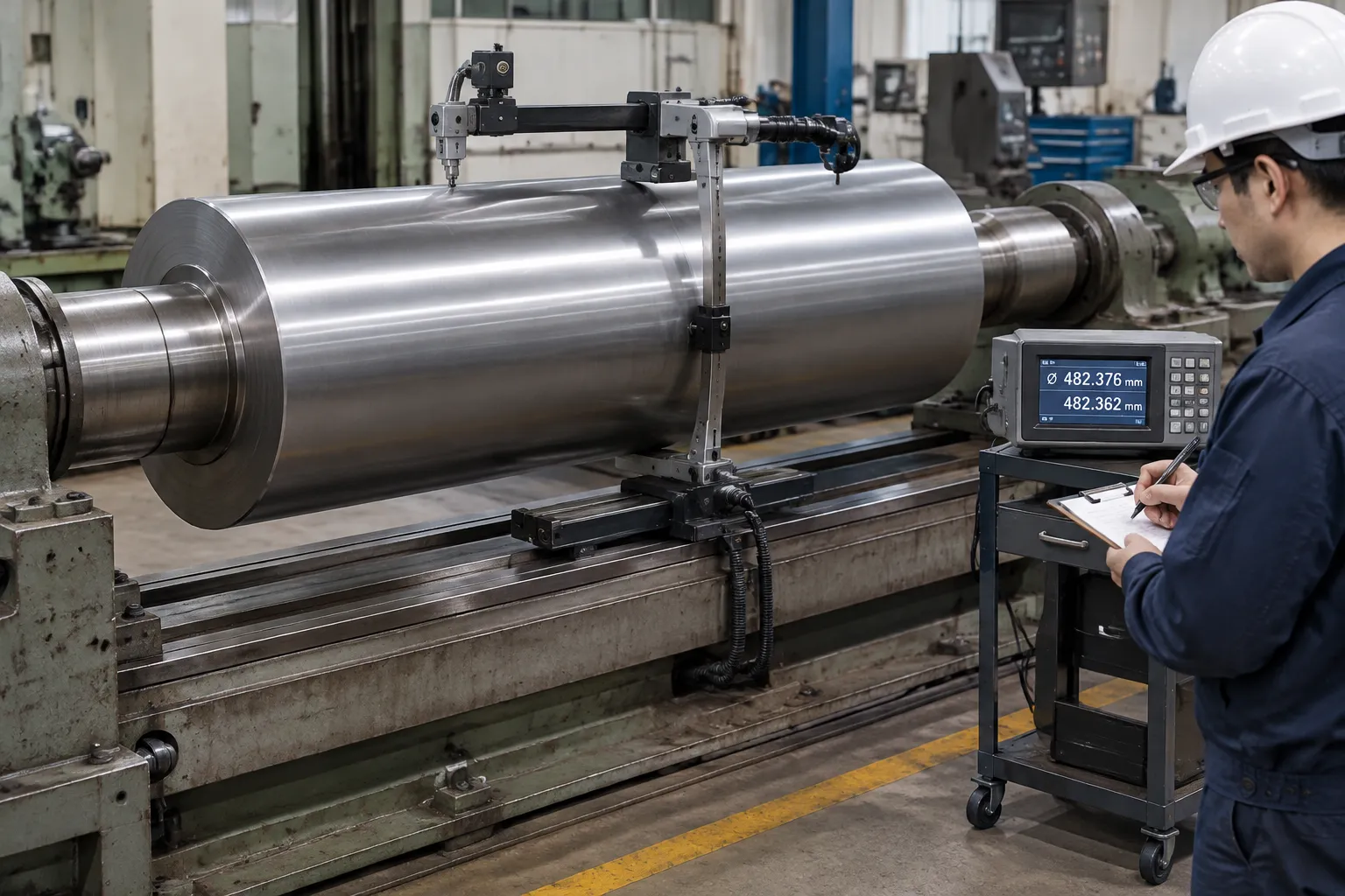 Two-point barrel gauge measuring an industrial roll on journal supports