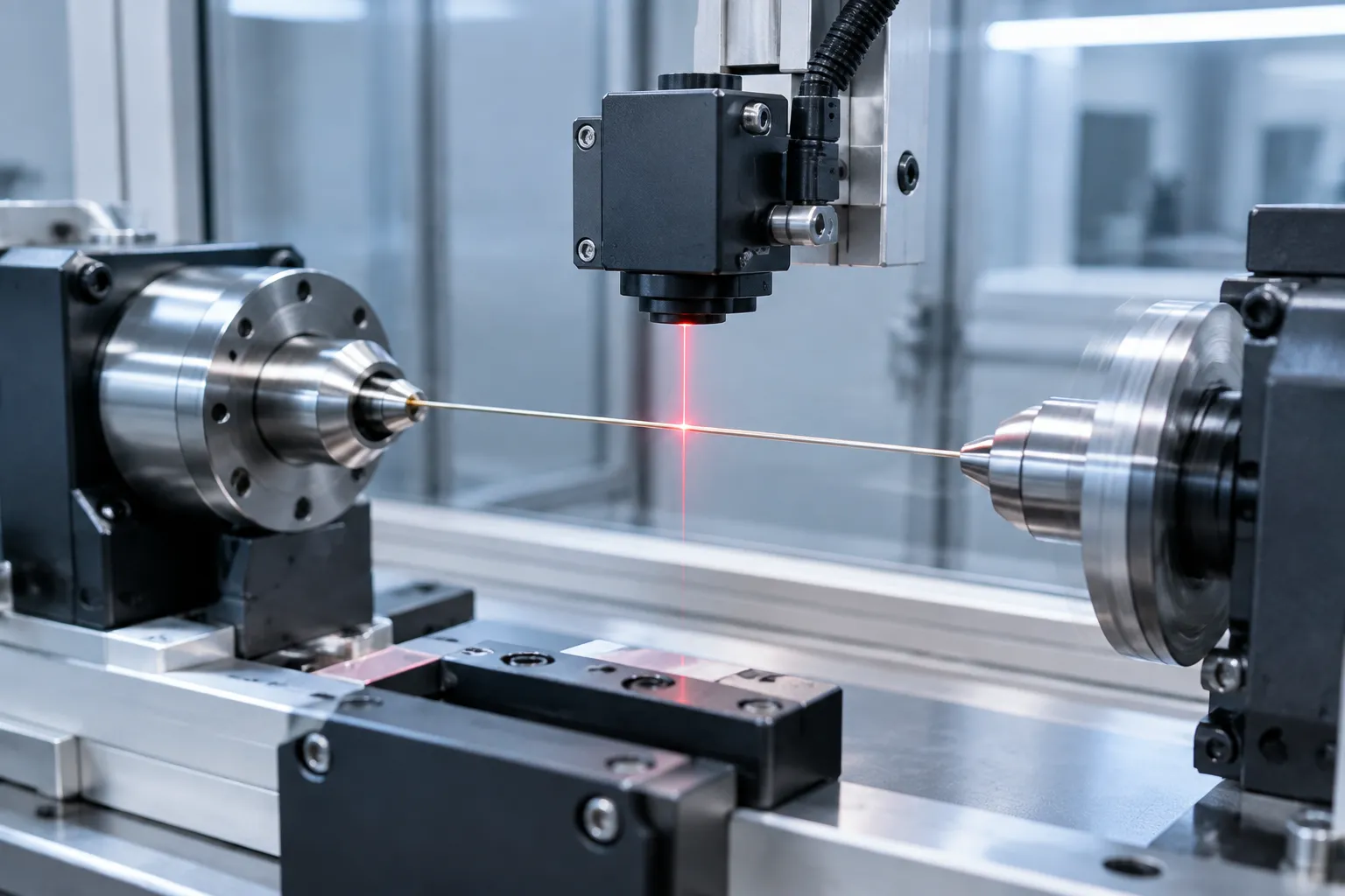 Fine medical-grade wire rotating between precision supports under non-contact sensors in an inspection cell