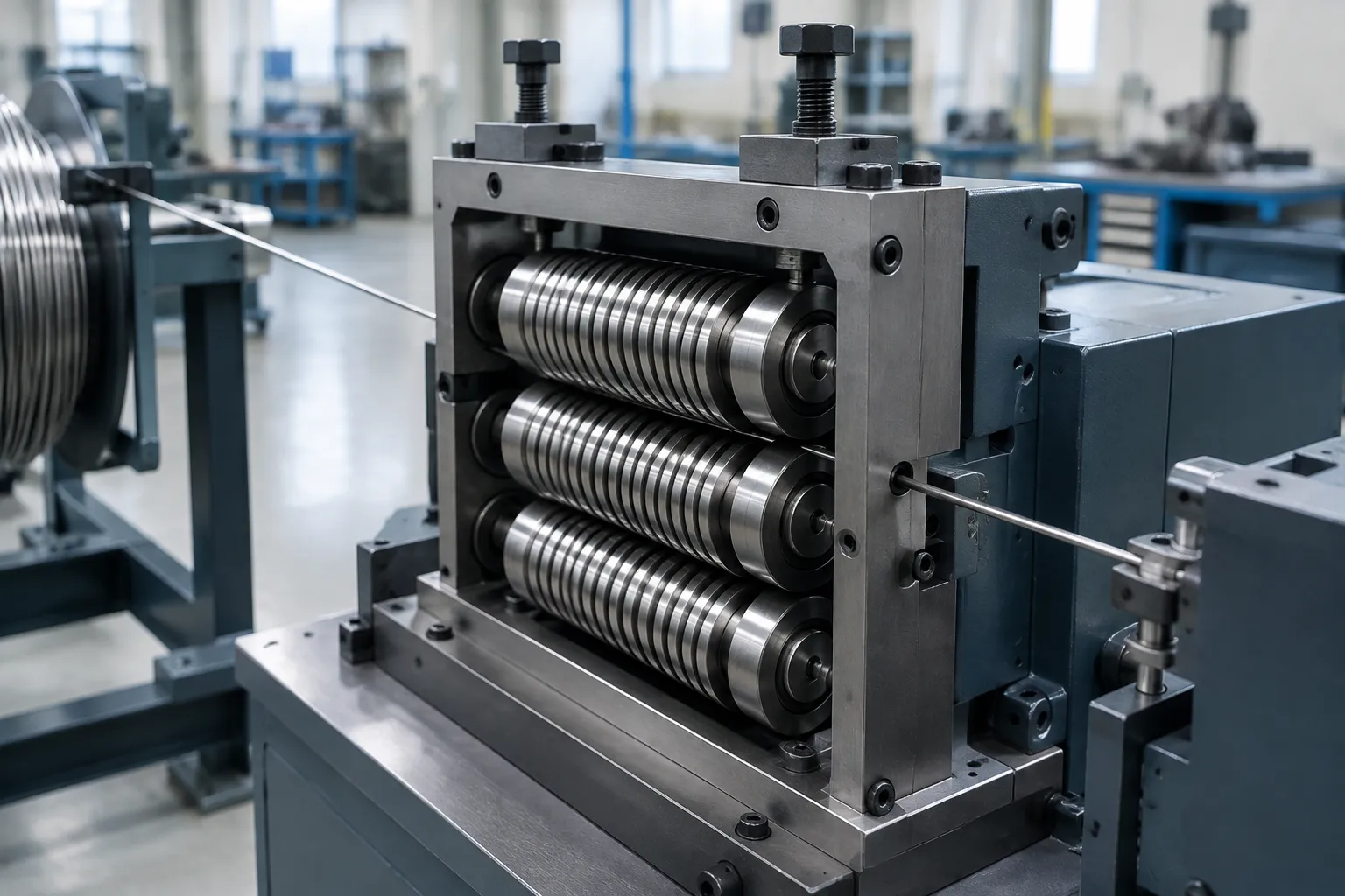 Roll-based precision straightening tooling guiding fine bright stainless steel wire through a straightening machine