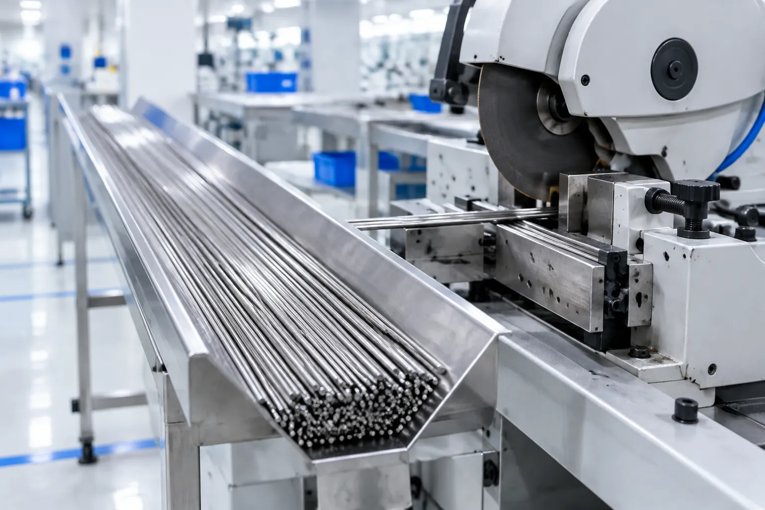 Long straight fine stainless steel wires bundled in a clean tray beside precision cutting equipment in a medical device workshop