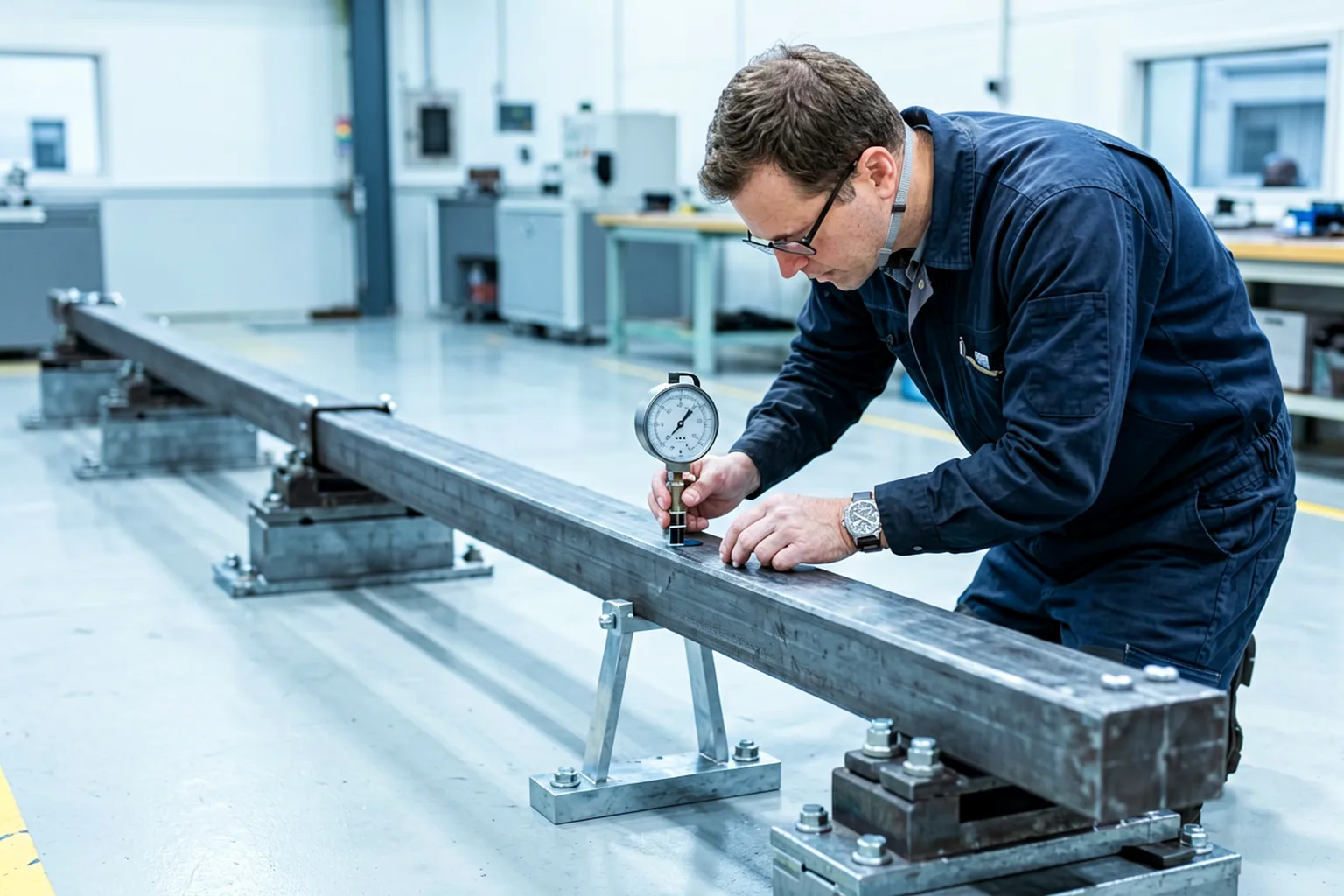 Measuring drive flat deviation on a long square kelly with dial indicators on stands