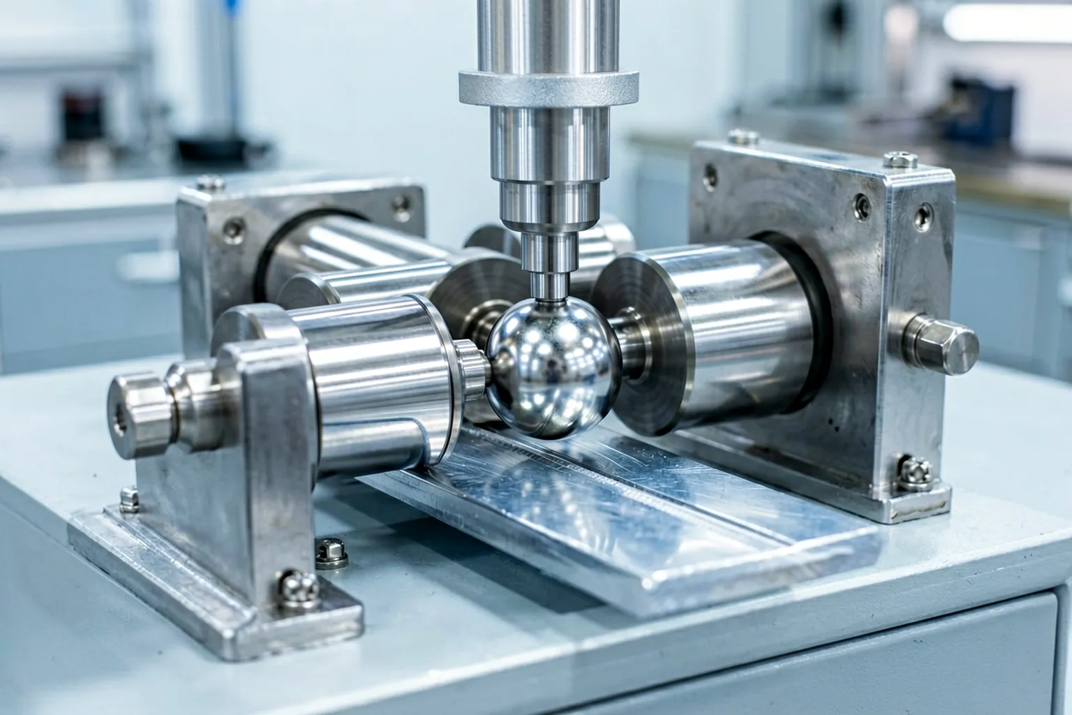 Opposed shaped rolls and guide area of the ball stud straightening machine