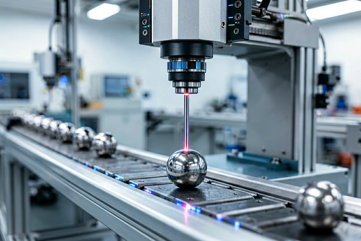 Ball stud with slender shank measured by a laser micrometer on a feed line
