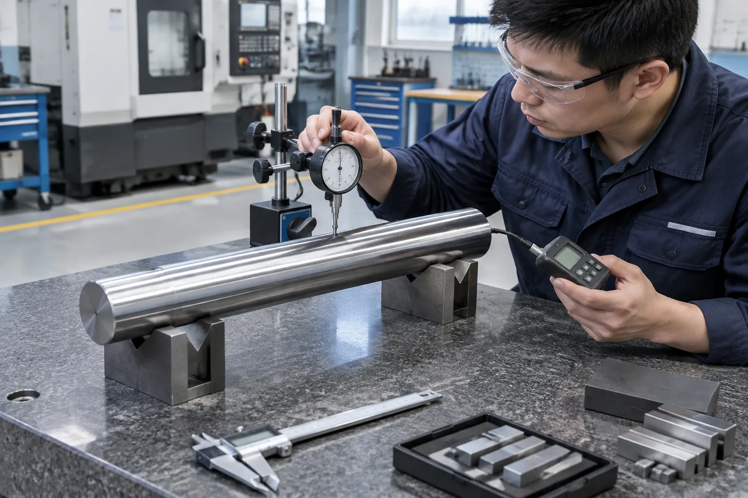 Machine tool spindle shaft straightening inspection on V-blocks