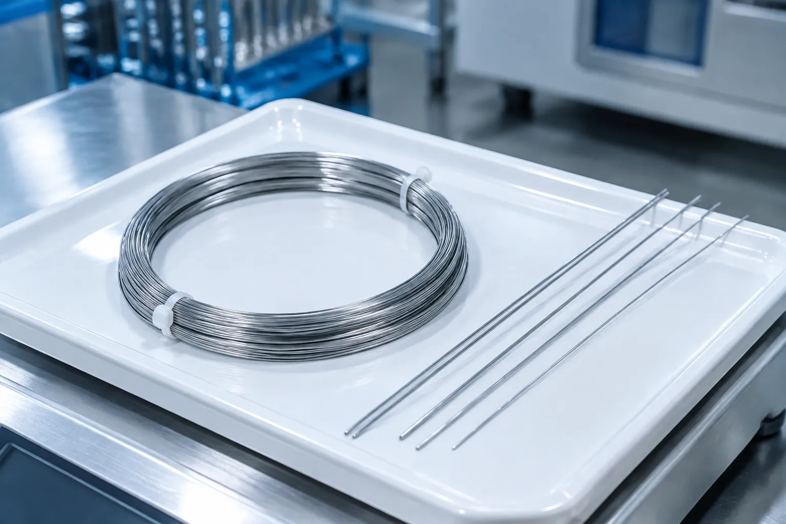 Ultra-fine medical guidewire samples on a precision tray