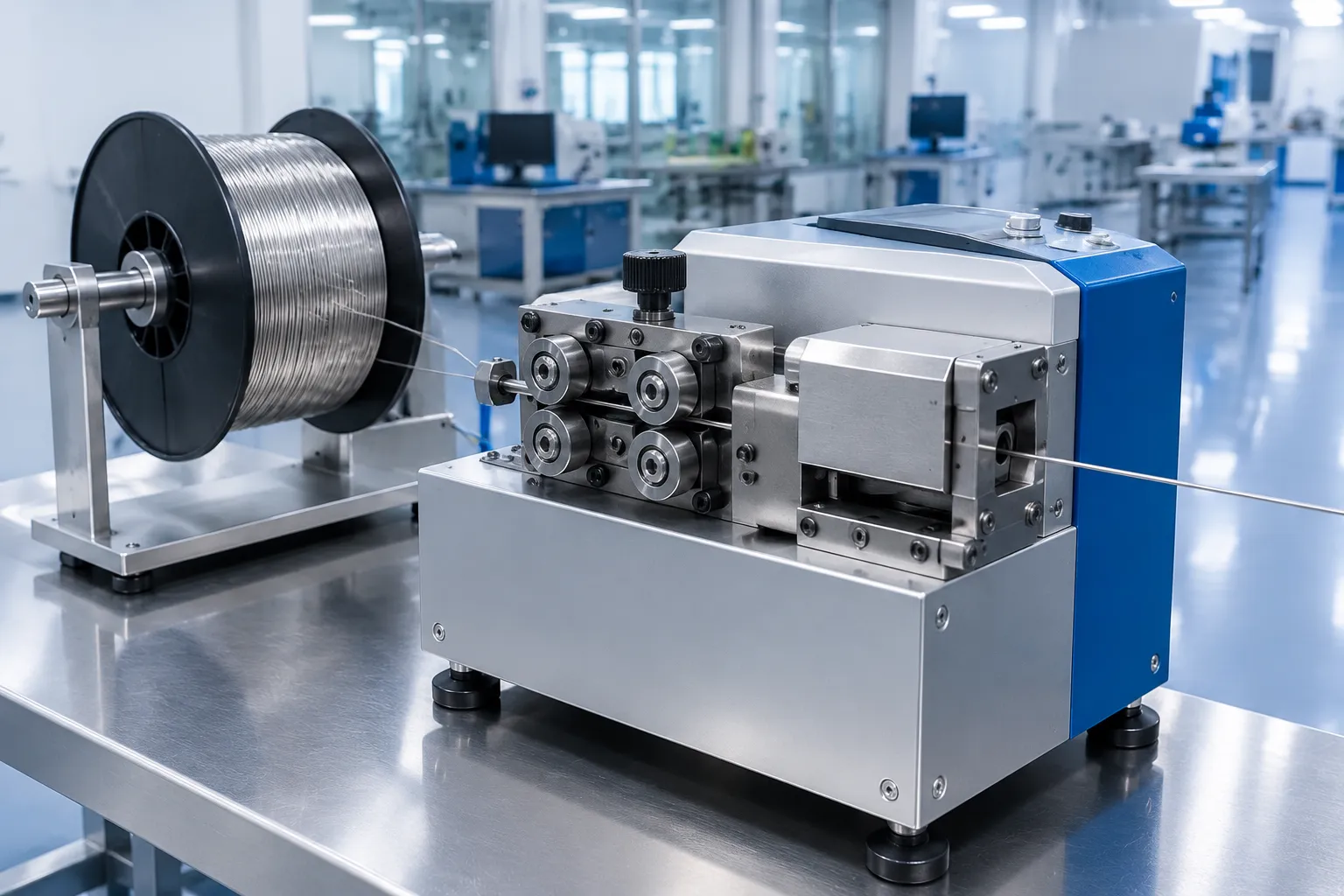 Medical wire straightening and cutting machine with wire spool
