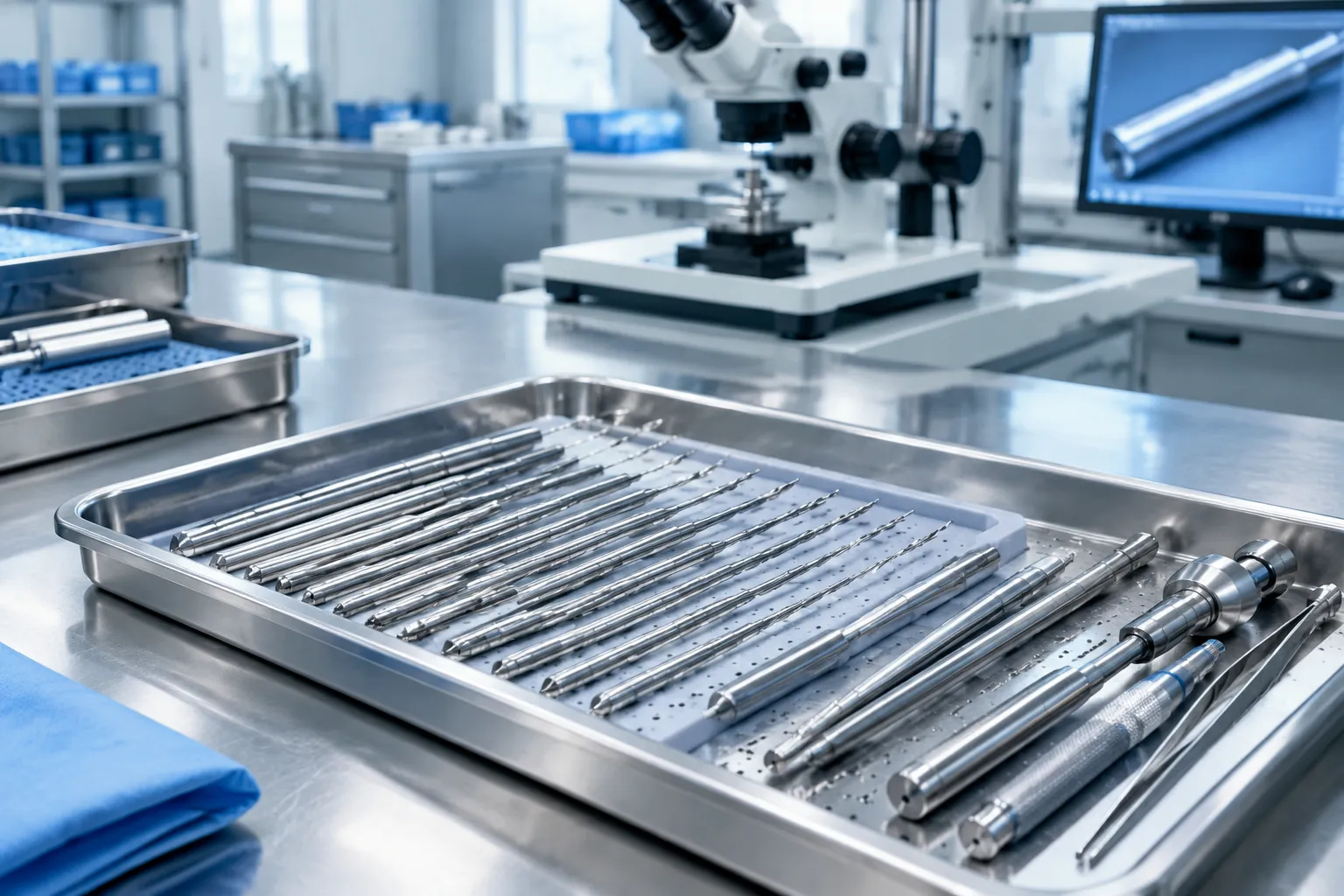 Medical drill straightening machine with surgical drill bits on a tray