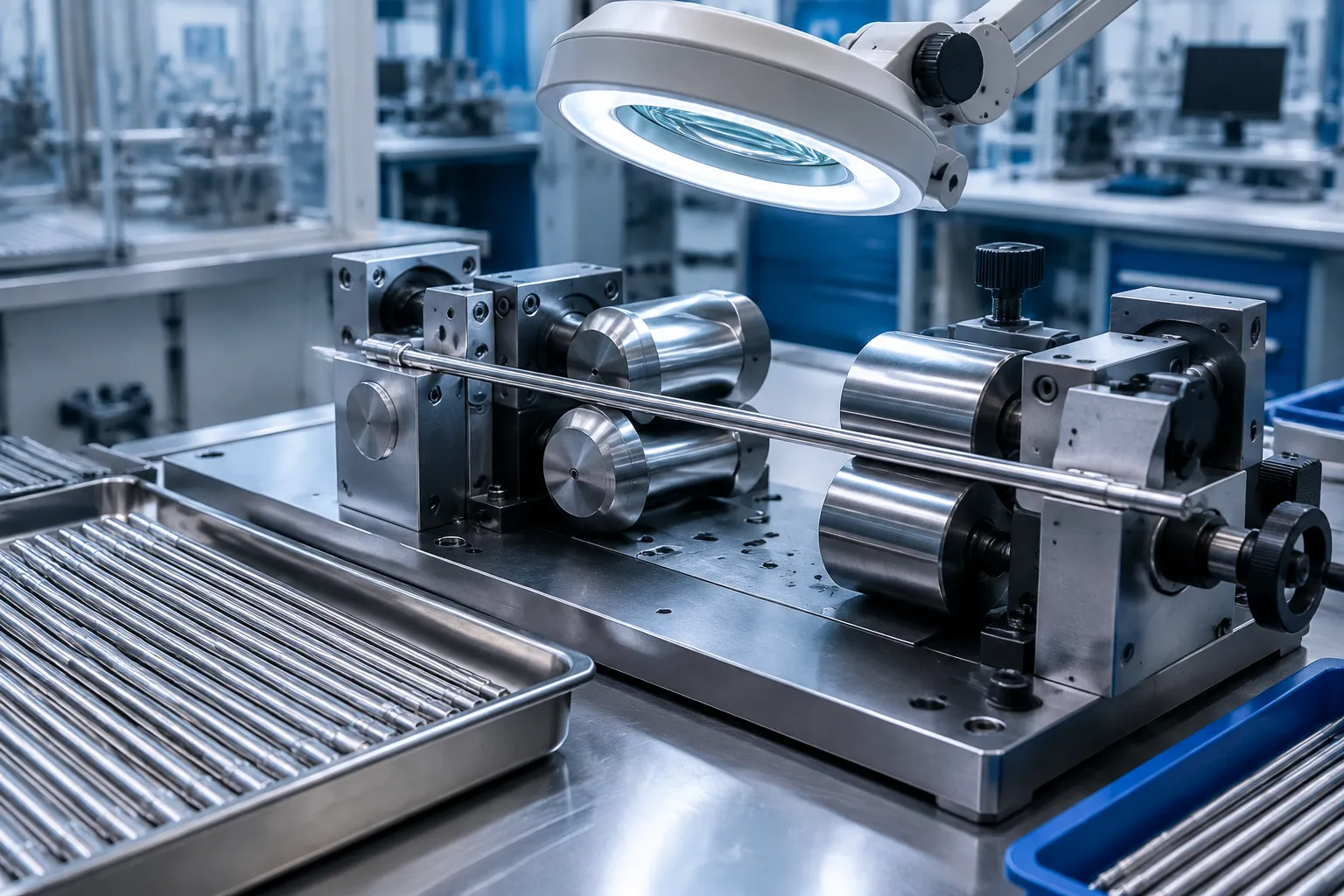 Benchtop machine straightening thin medical drill blanks
