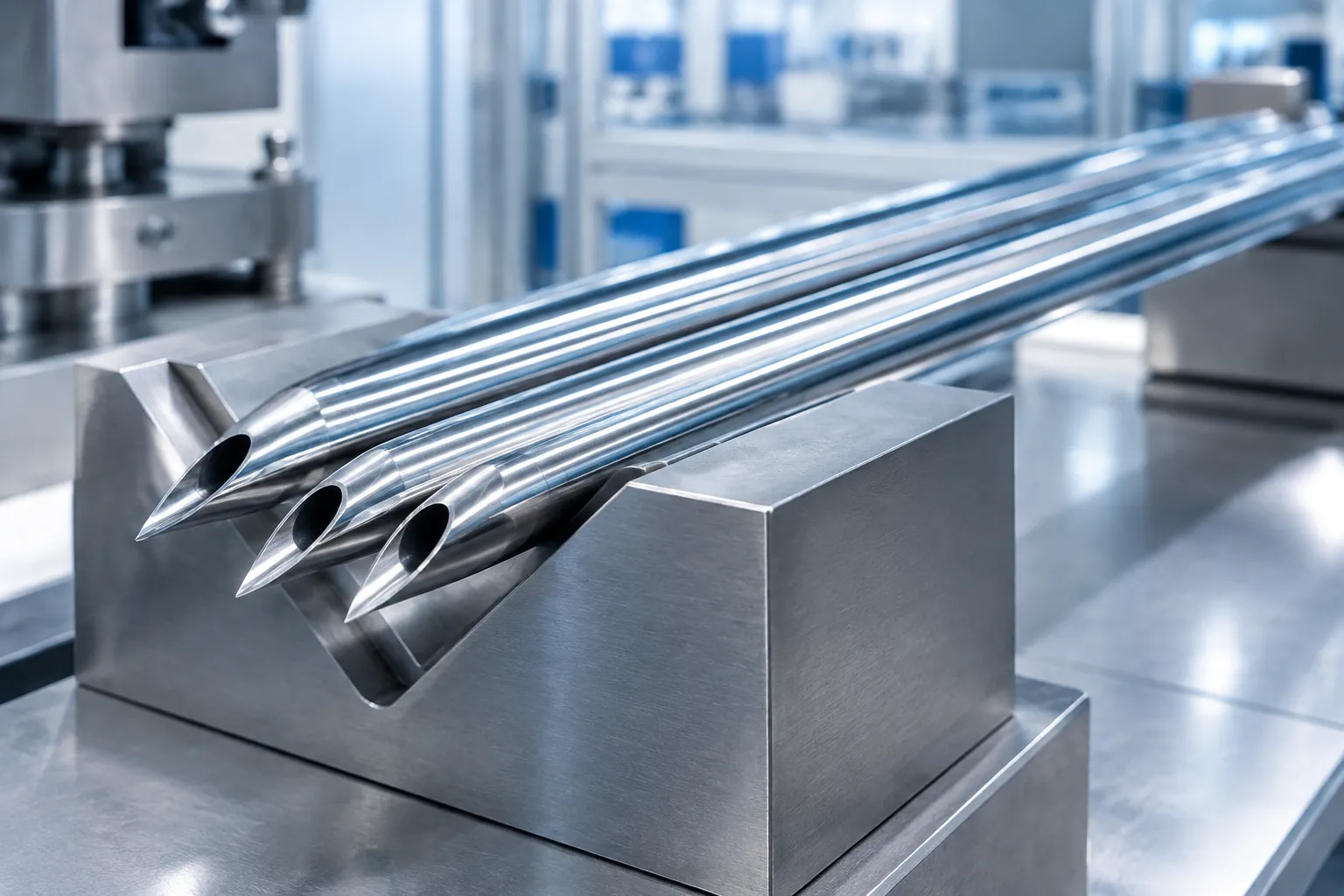 Hypodermic needle tubes held in a V-groove block