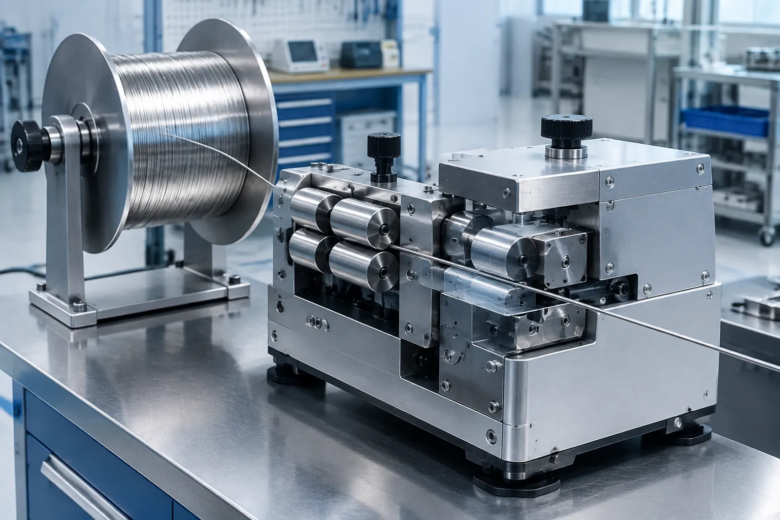 Fine stainless wire feeding a needle straightening and cutting machine