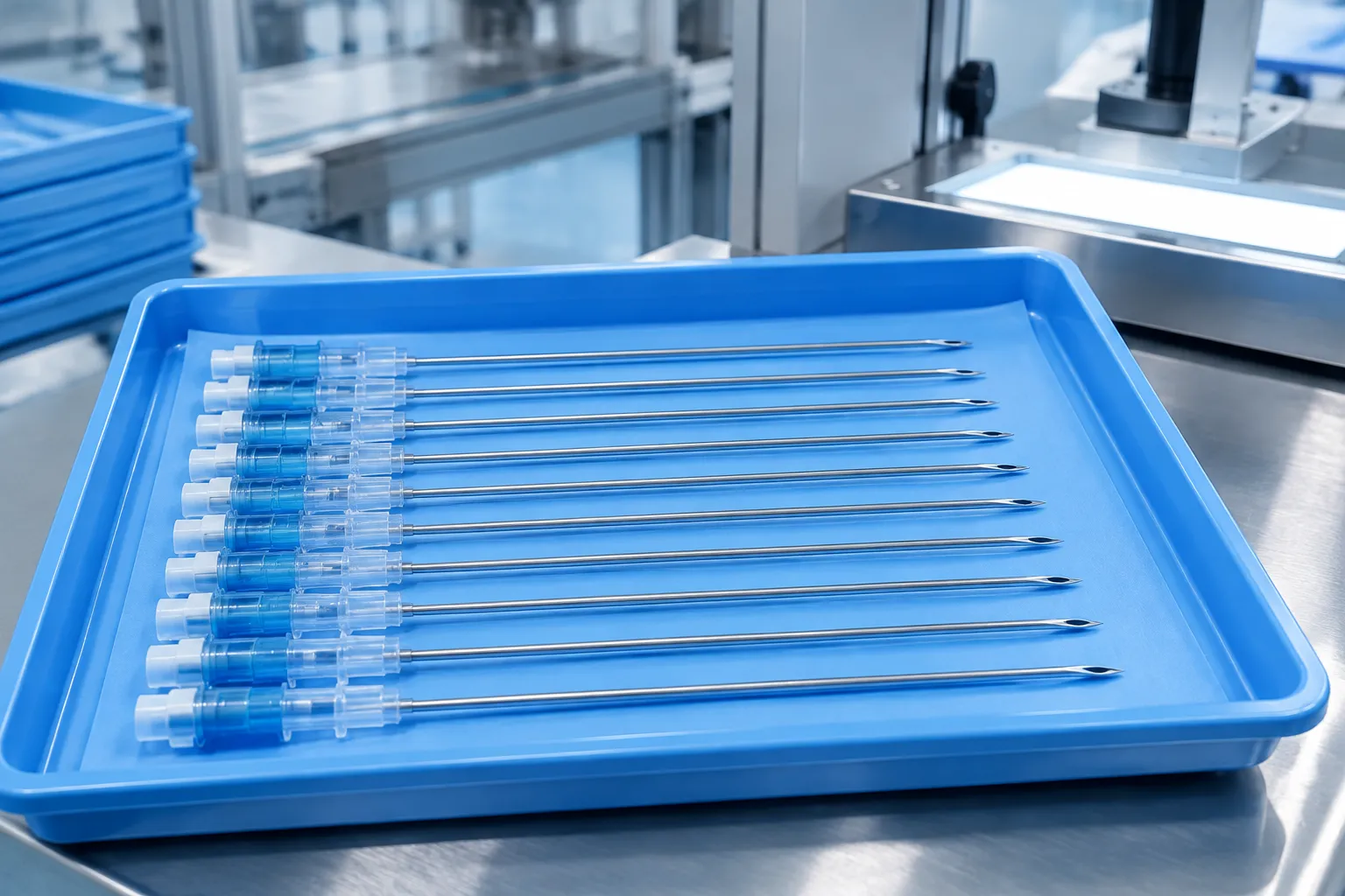 Biopsy needles on a clinical inspection tray