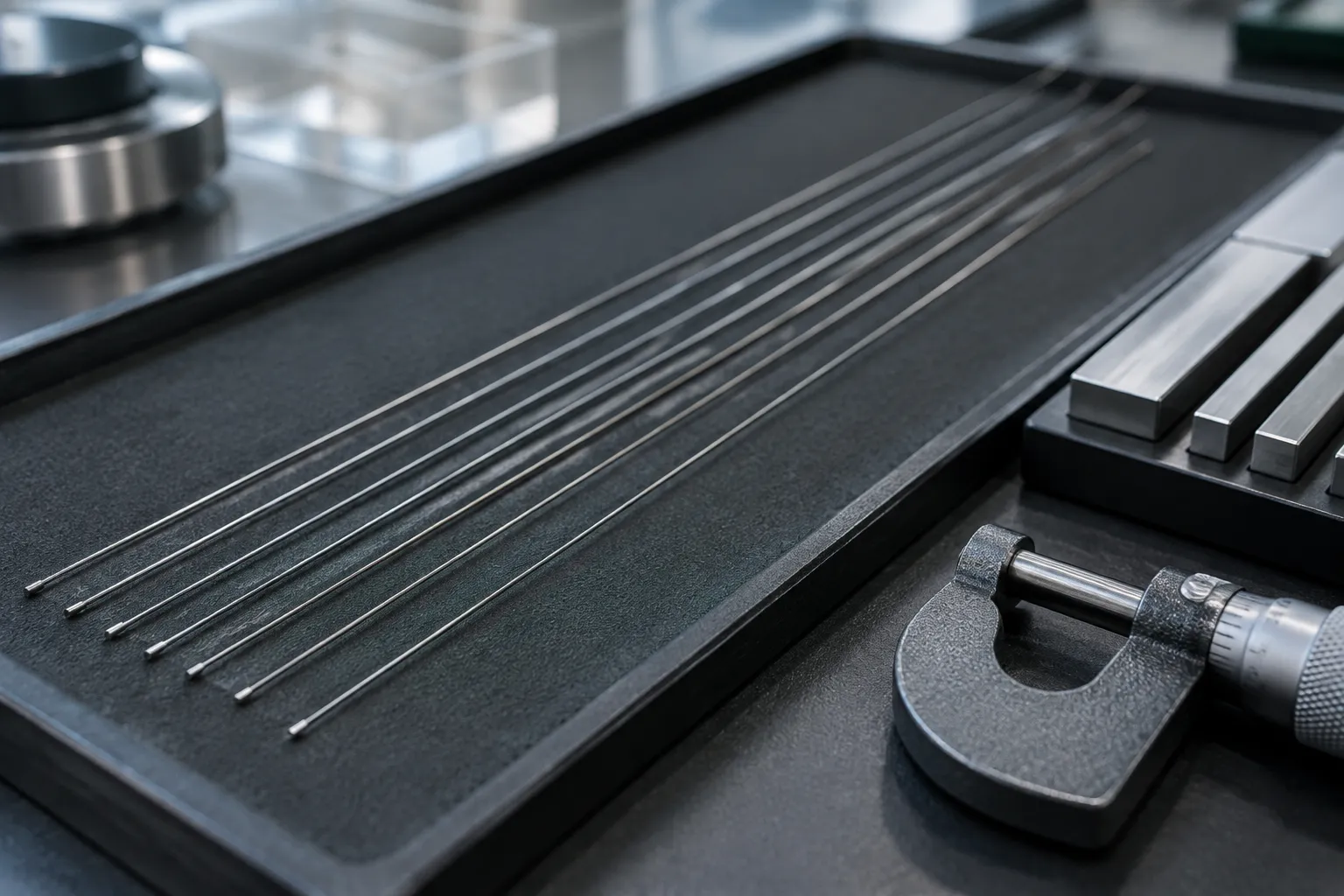 Fine straightened wires checked against gauge pins and a micrometer.