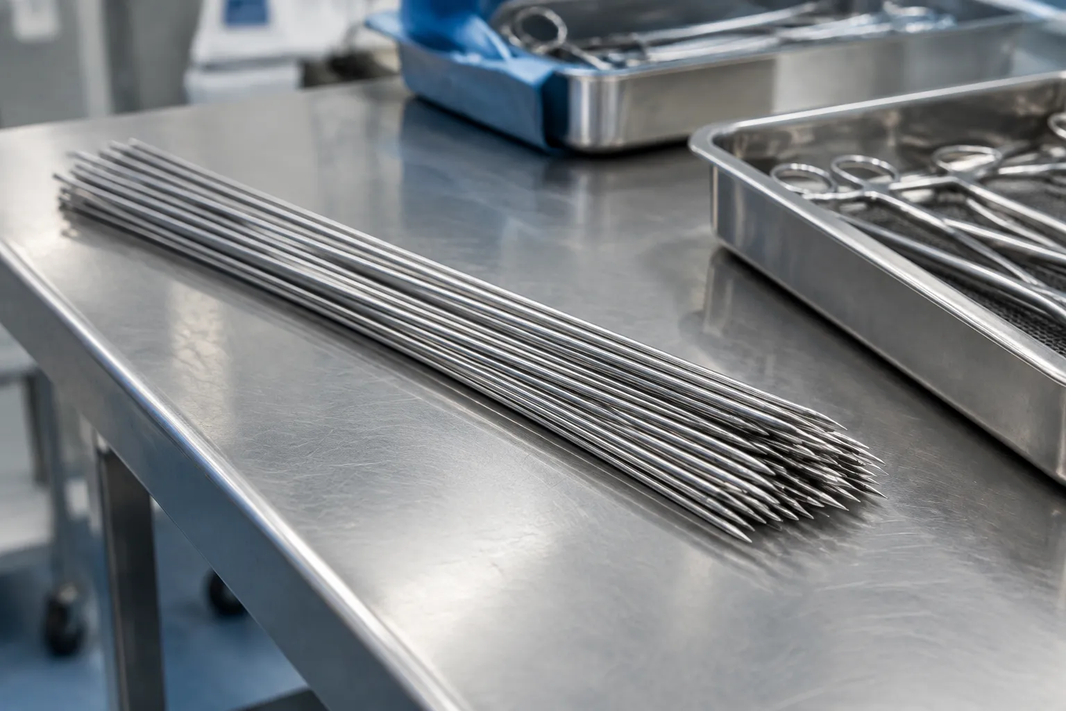Straightened Kirschner wires ready for orthopedic use.