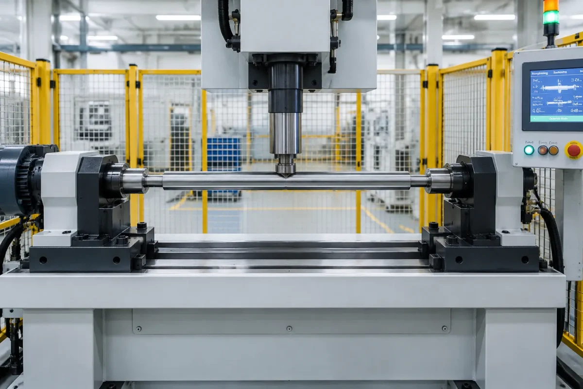 Automatic motor shaft straightening machine correcting a slender shaft