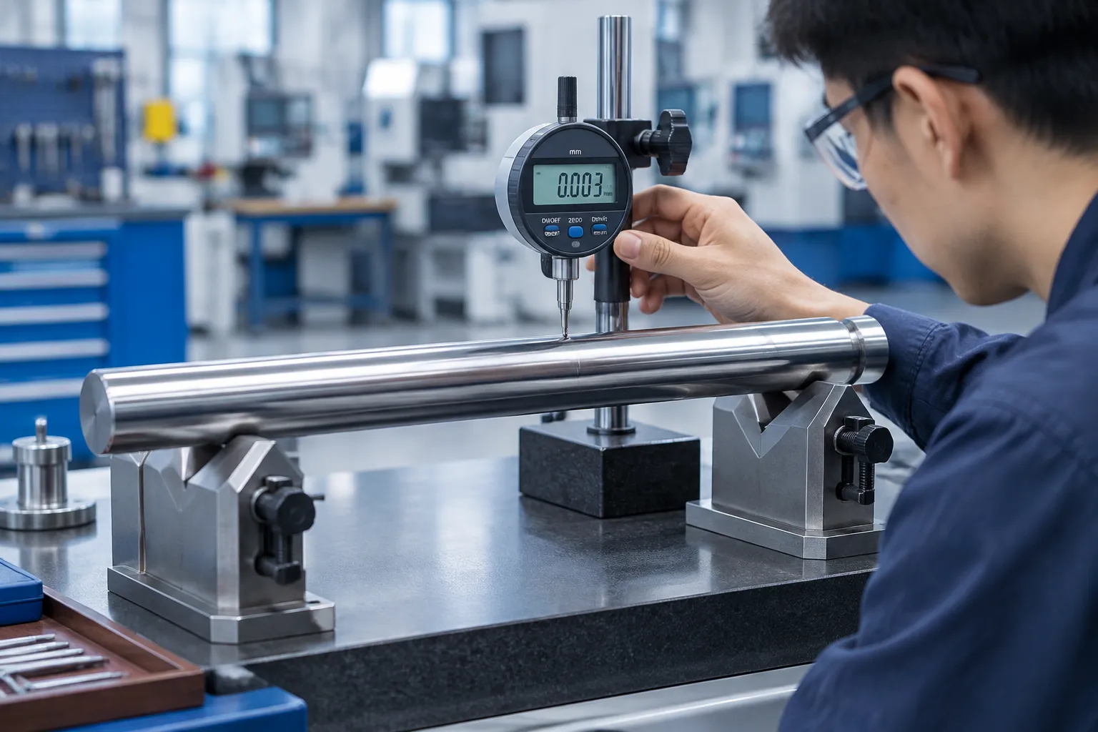 Dial indicator inspection of motor shaft straightness on V-blocks