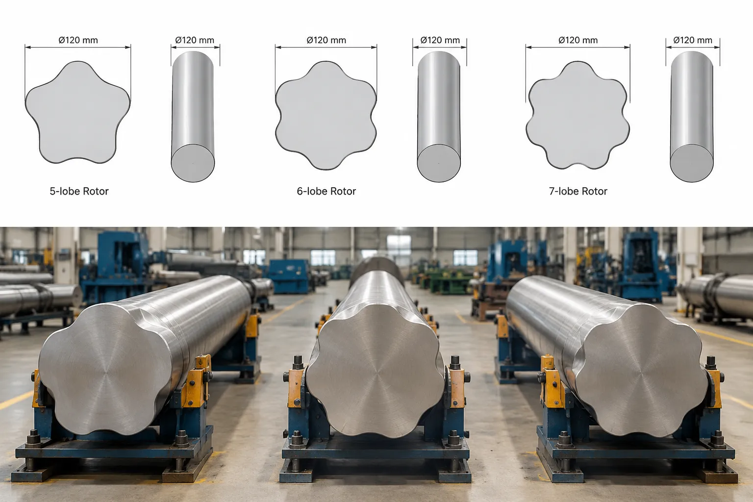 Multi-lobe rotor cross-section profiles drawn as engineering shapes
