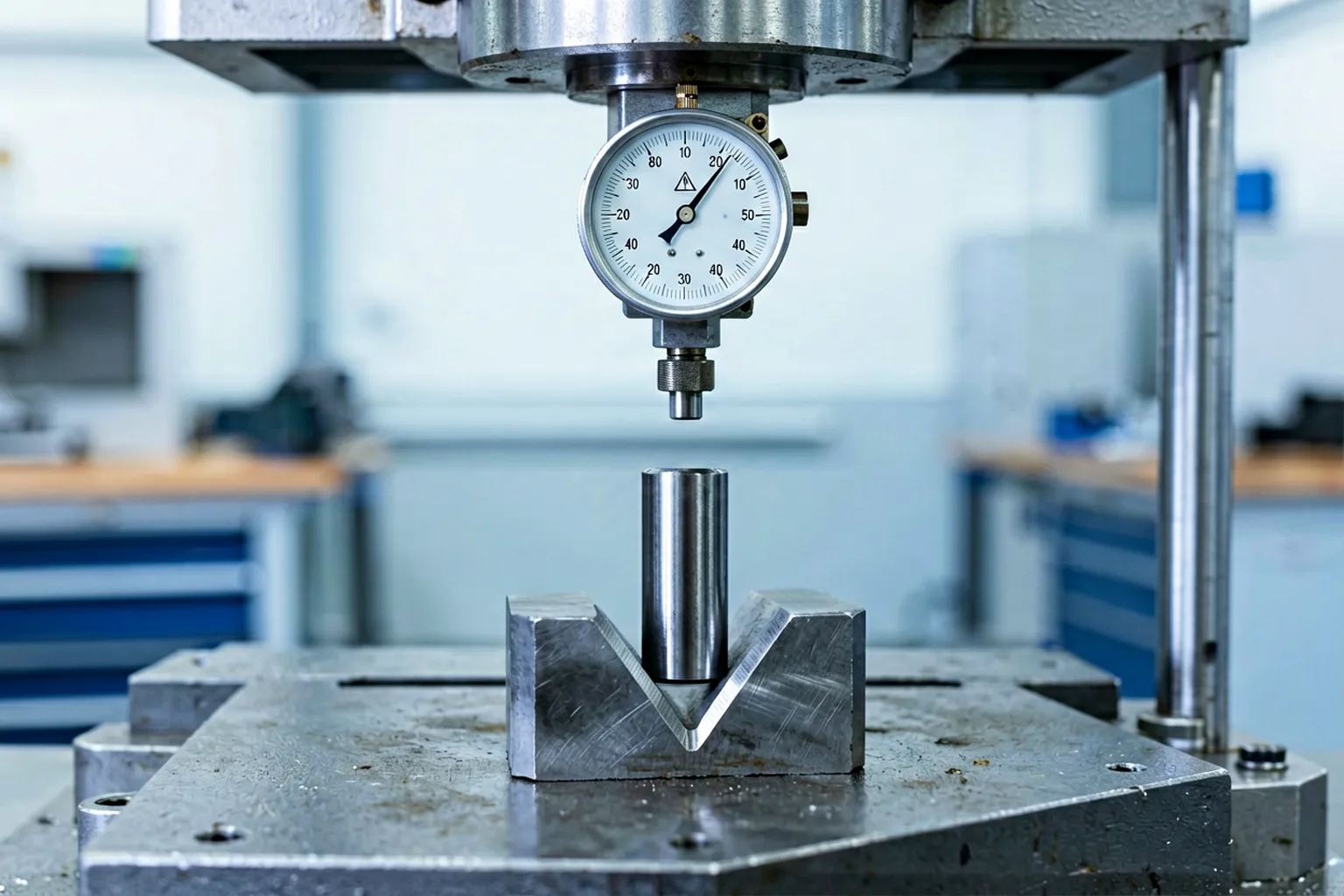 Precision hardened steel piston pin resting on V-block supports under a dial indicator on a straightening press