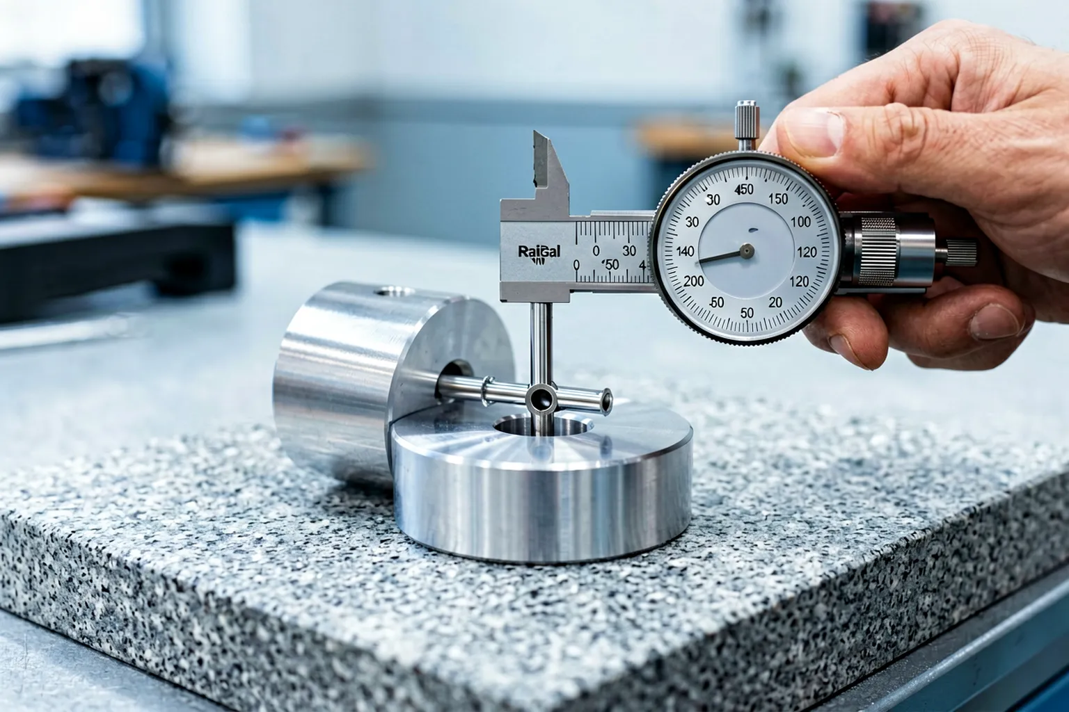 Small hardened hollow piston pin held between two precision centers with a dial test indicator measuring radial runout