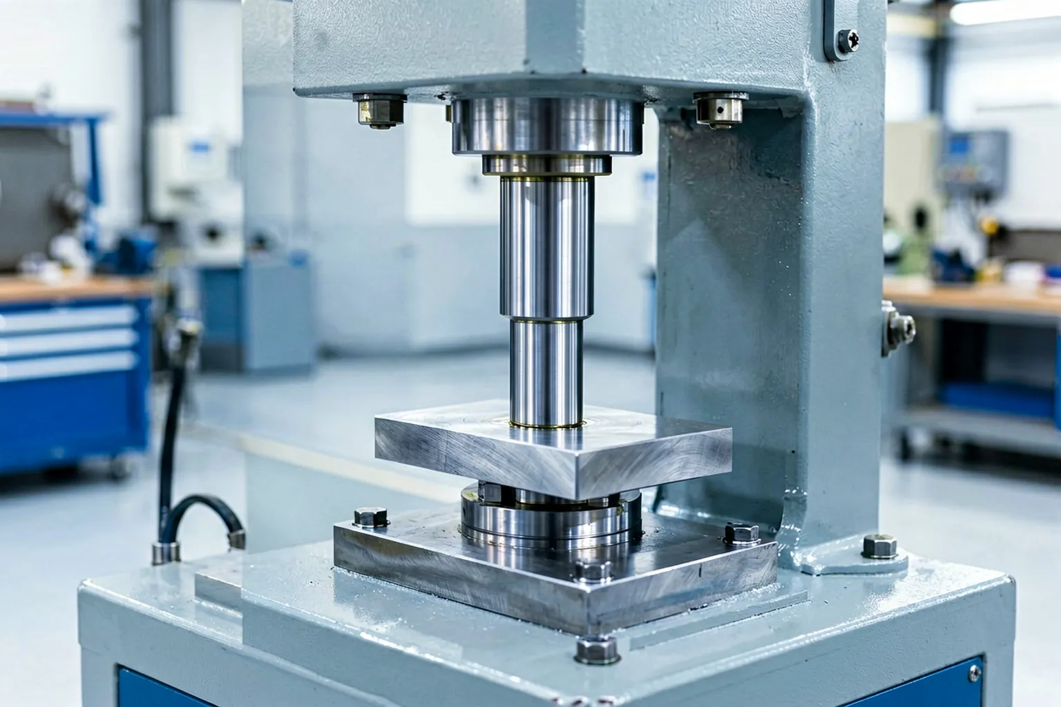 Precision hydraulic point-press straightening machine applying a small controlled load to a short cylindrical piston pin supported by two narrow anvils