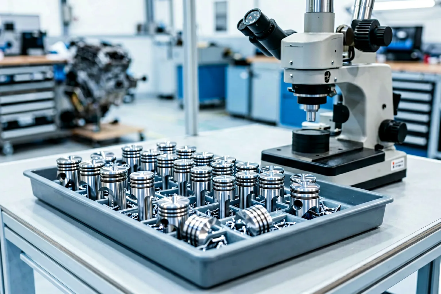 Rows of finished piston pins in a shallow parts tray beside a measuring microscope in a clean engine component quality inspection area
